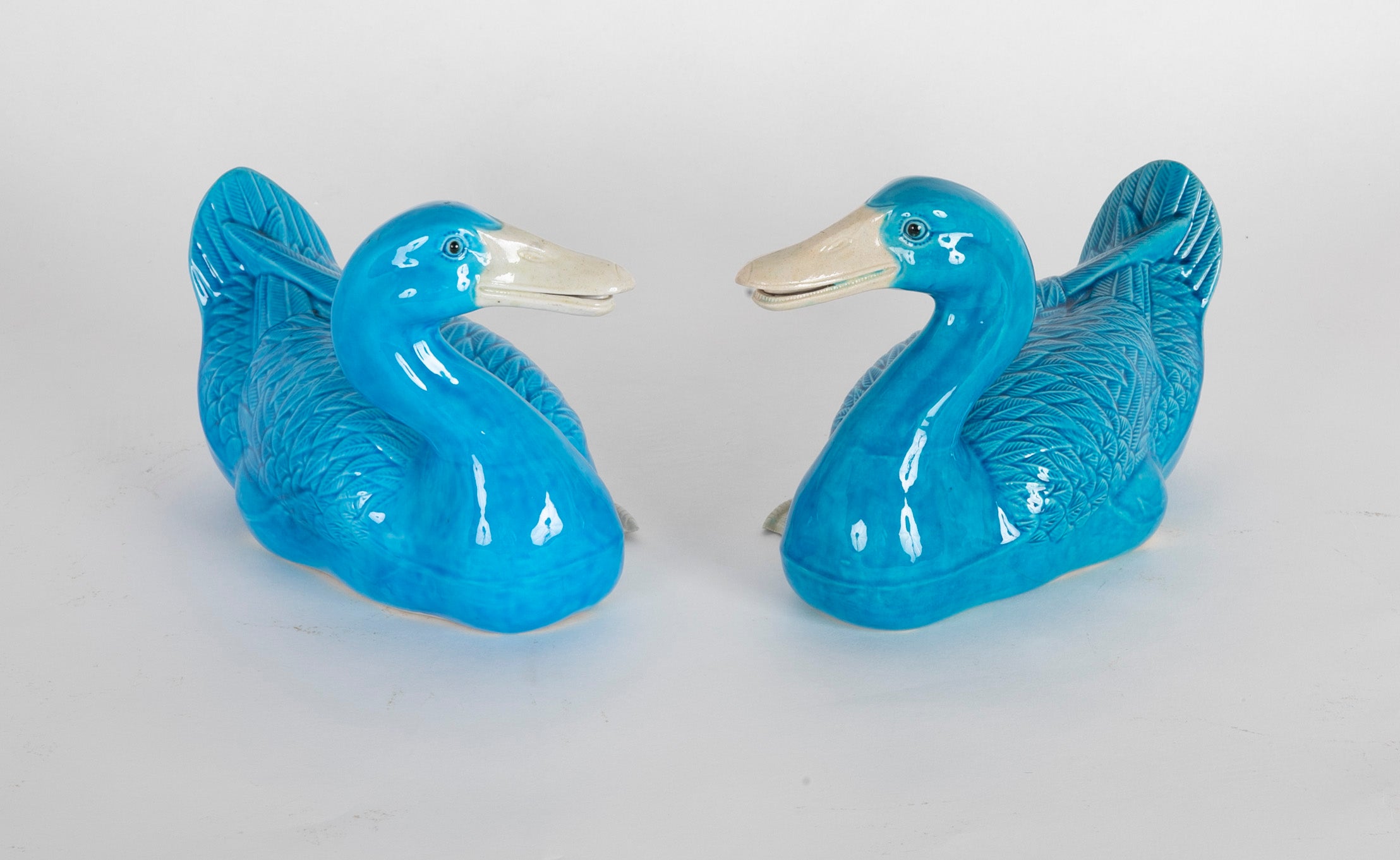 A Pair of Chinese Blue Glazed Porcelain Ducks
