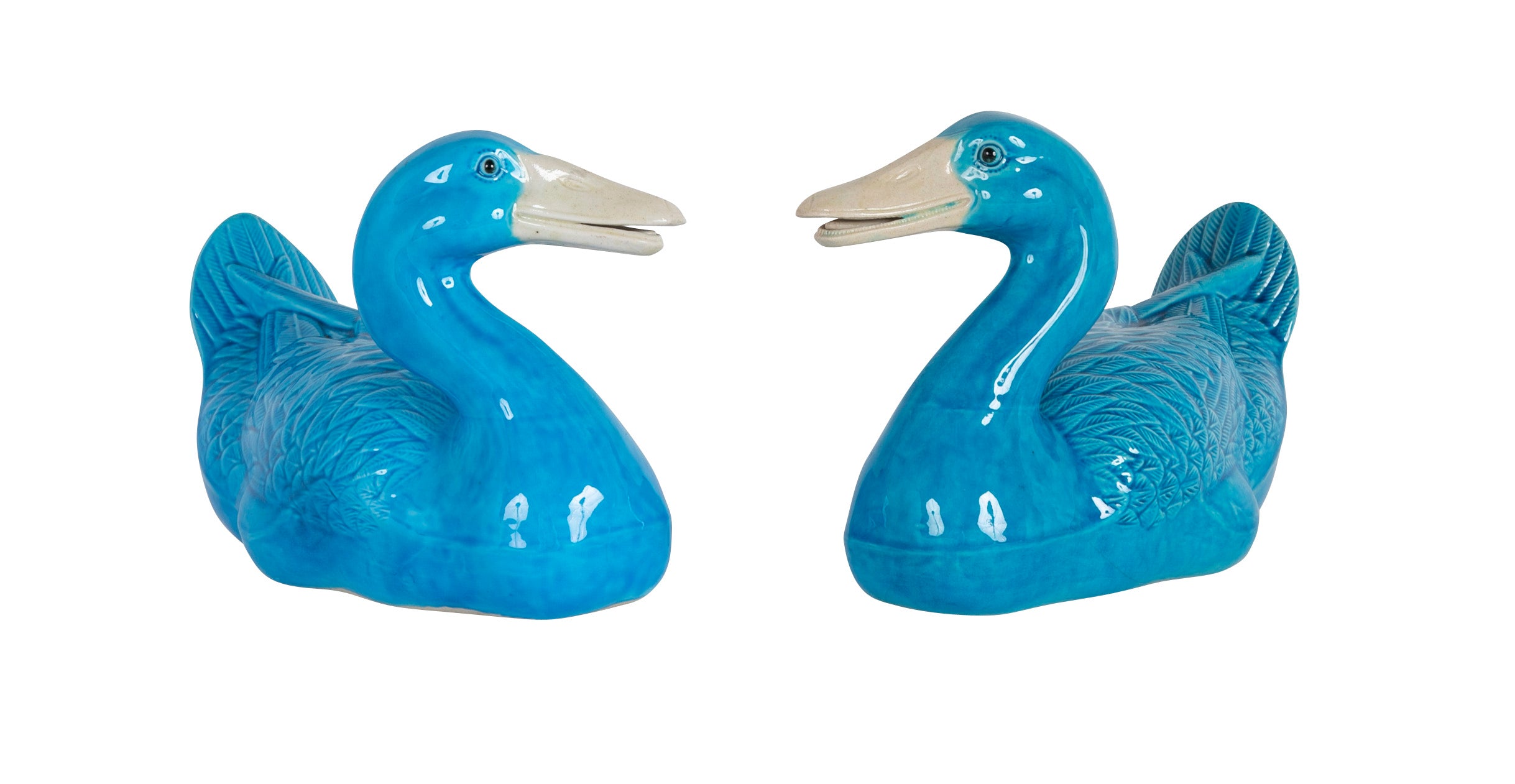 A Pair of Chinese Blue Glazed Porcelain Ducks