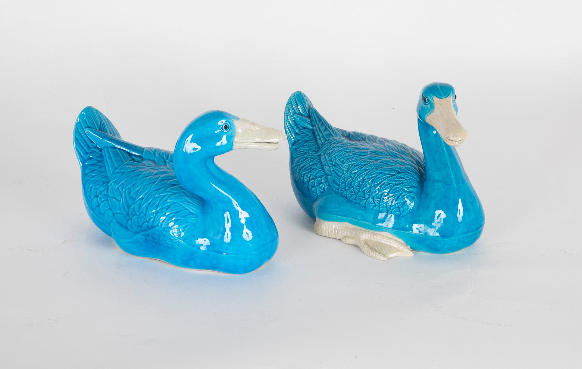 A Pair of Chinese Blue Glazed Porcelain Ducks