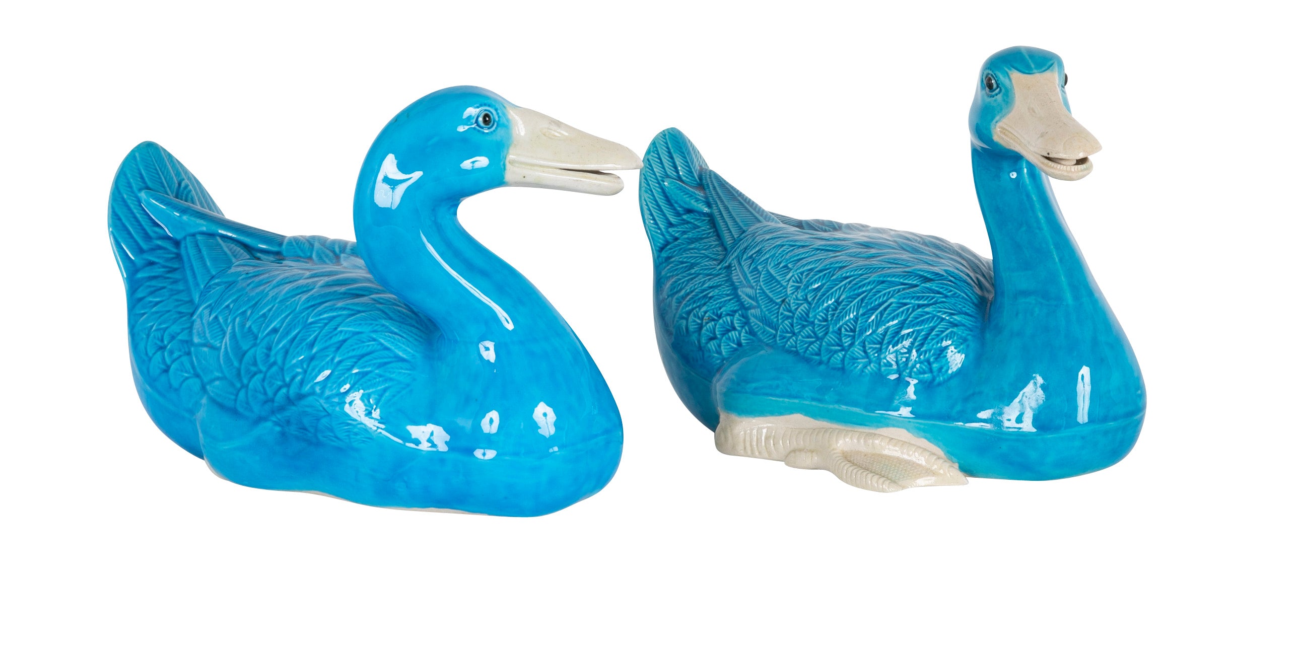 A Pair of Chinese Blue Glazed Porcelain Ducks