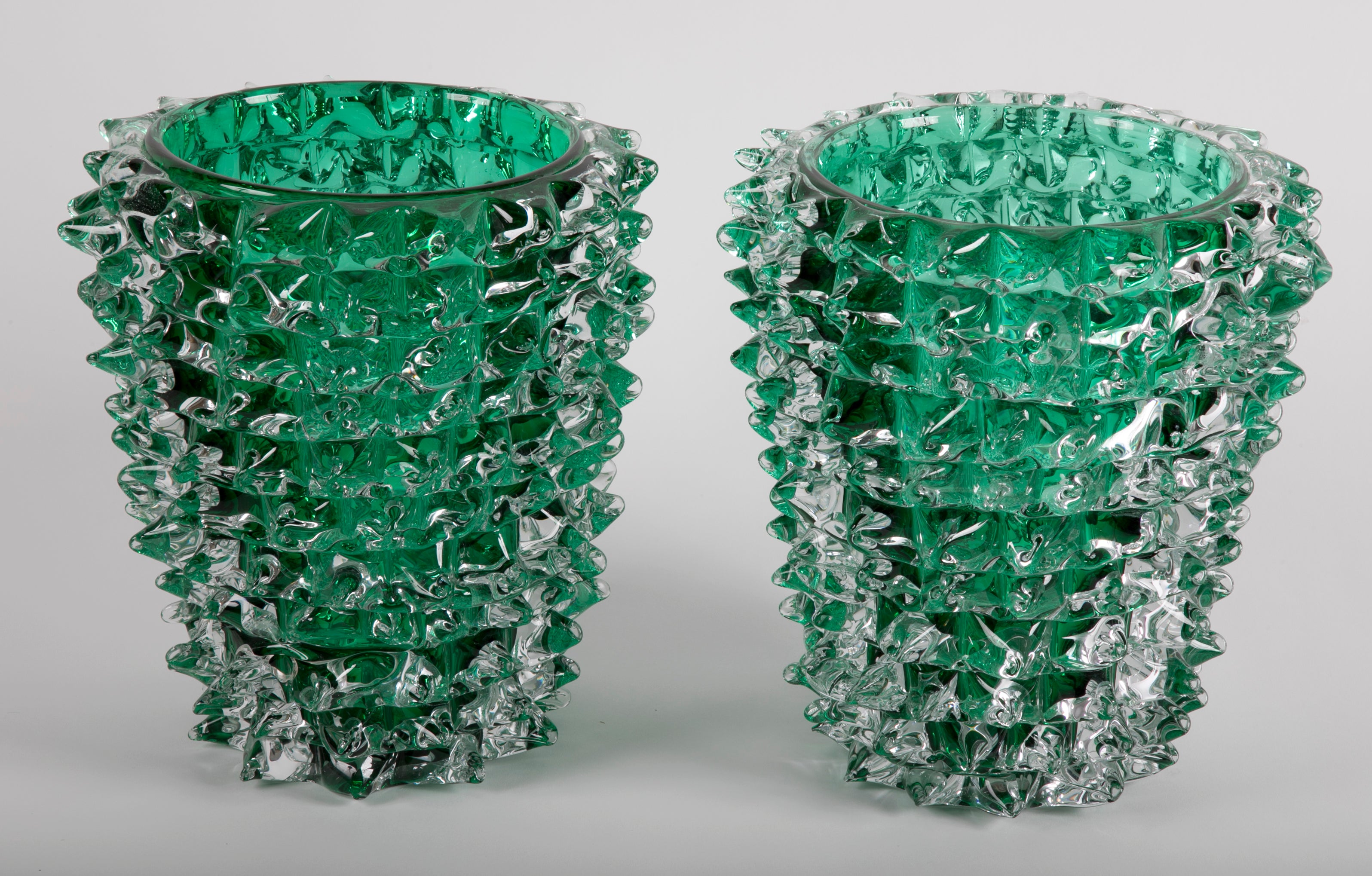 Pair of Murano Green Iridescent Glass Vases Signed Pino Signoretto