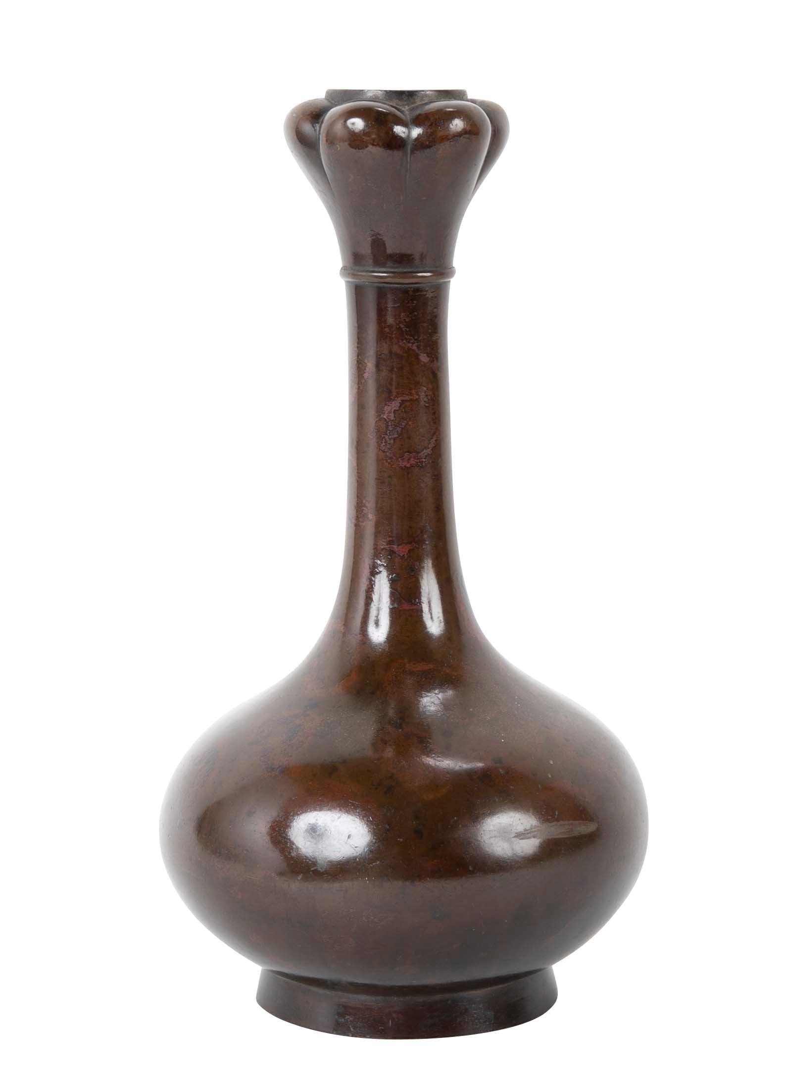 Japanese "Garlic Top" Long Neck Patinated Bronze Vase