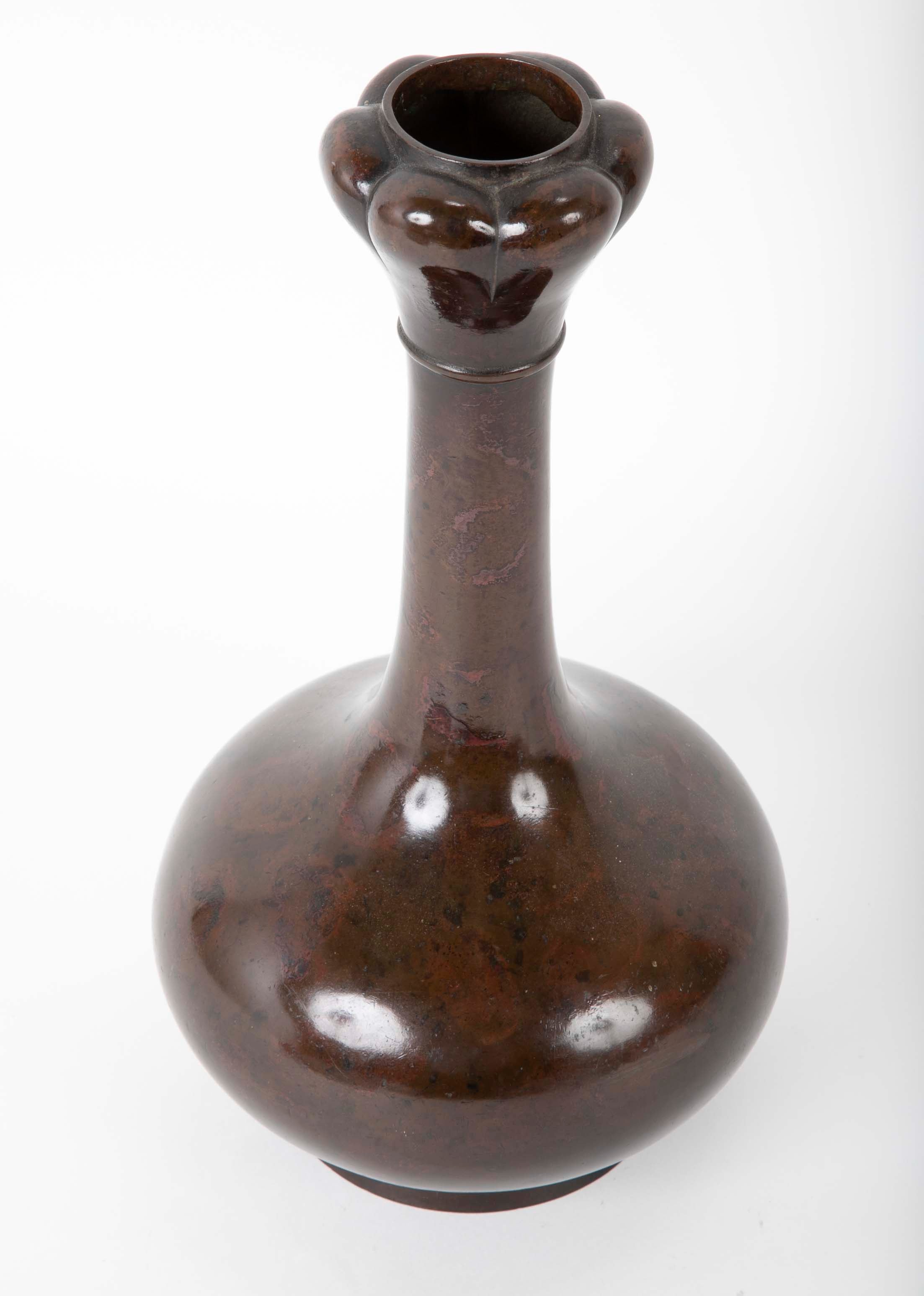 Japanese "Garlic Top" Long Neck Patinated Bronze Vase