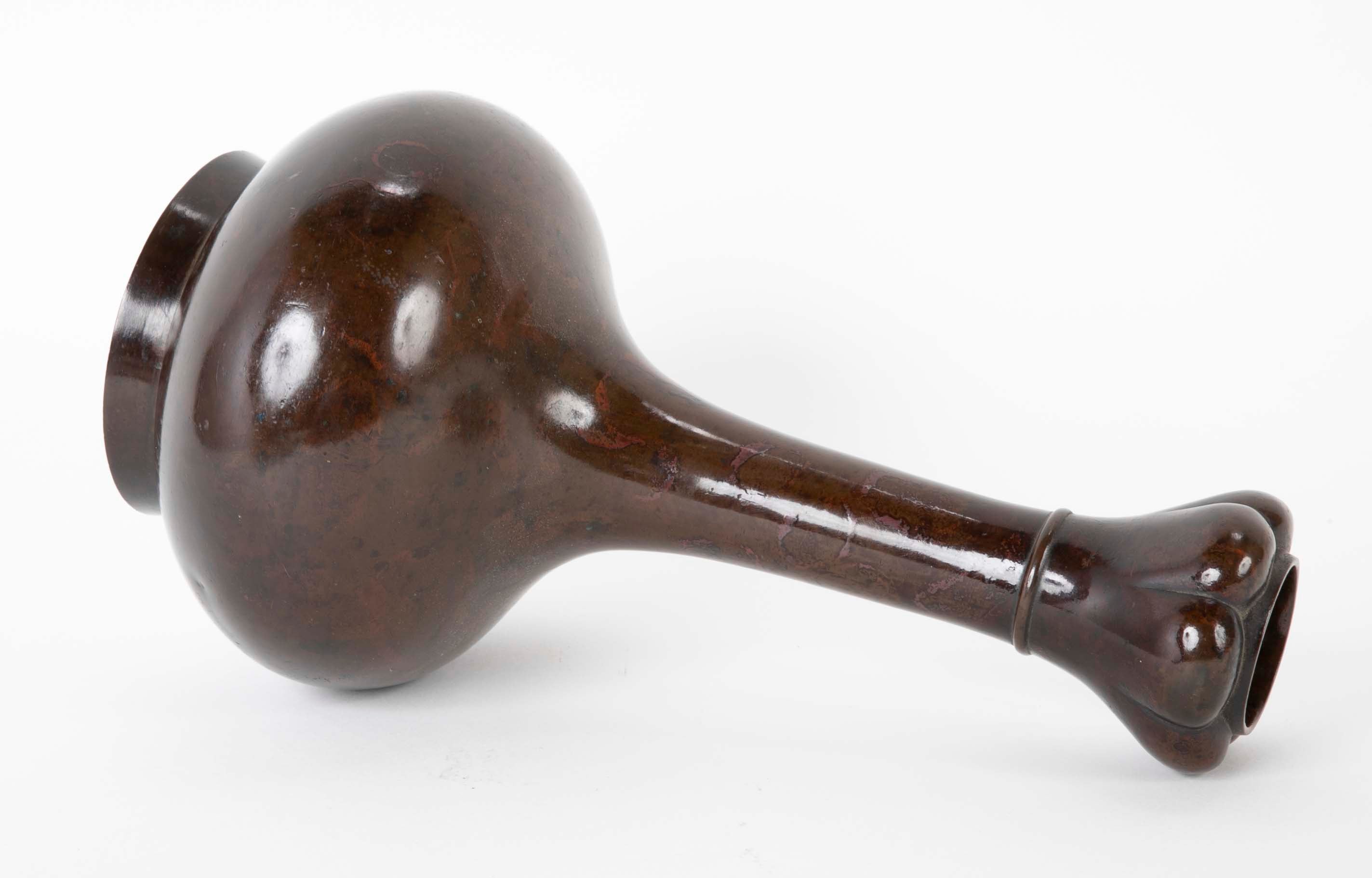 Japanese "Garlic Top" Long Neck Patinated Bronze Vase