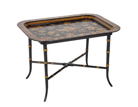 Lacquered and Gilt Decorated Papier Mache Dished Tray Table