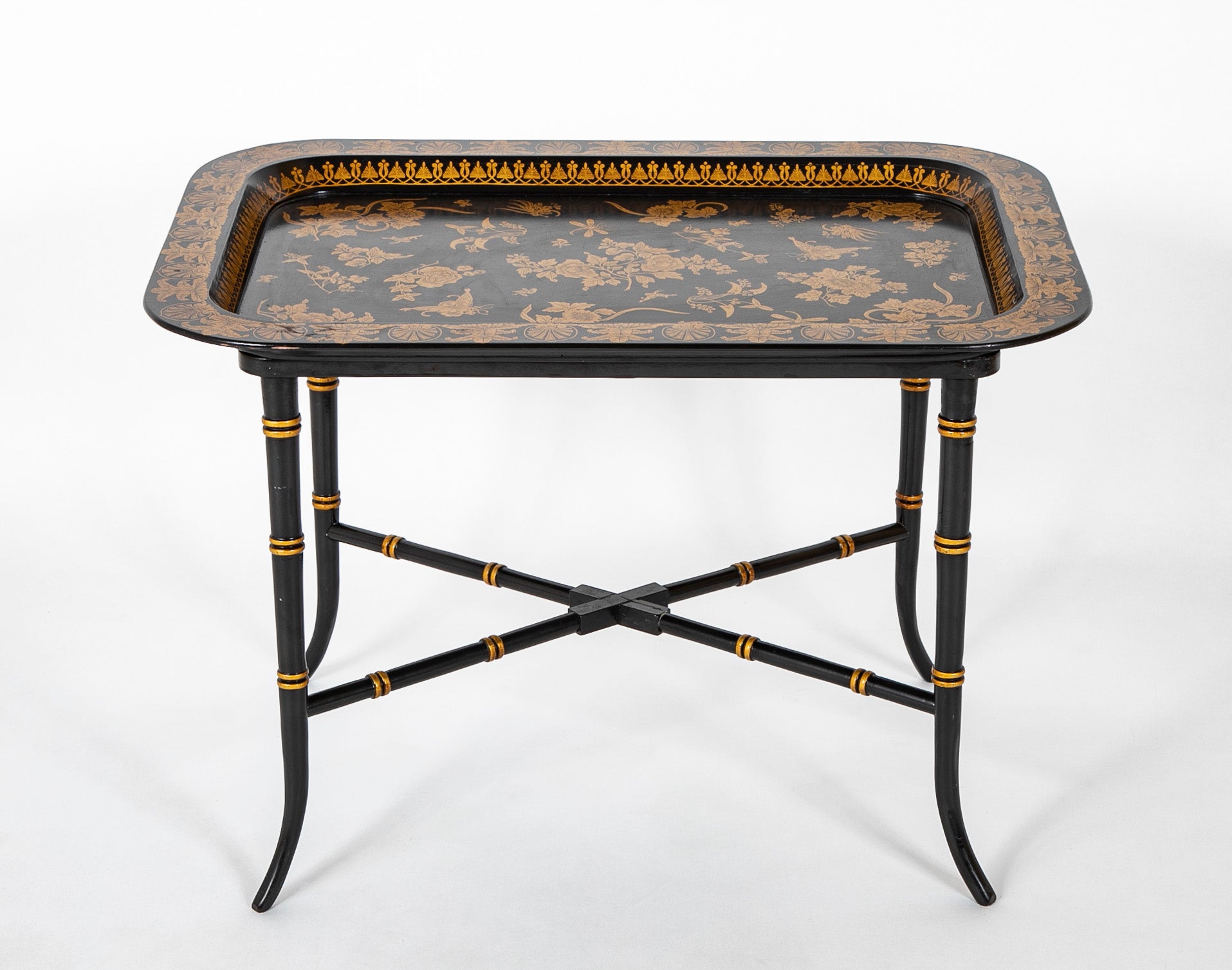 Lacquered and Gilt Decorated Papier Mache Dished Tray Table