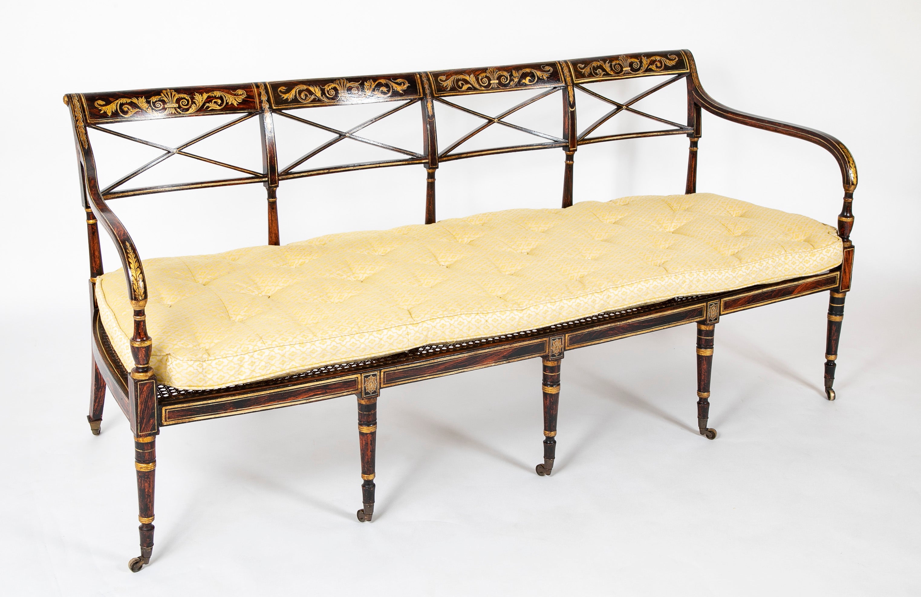 19th Century English Faux Bois Painted Bench with Caned Seat