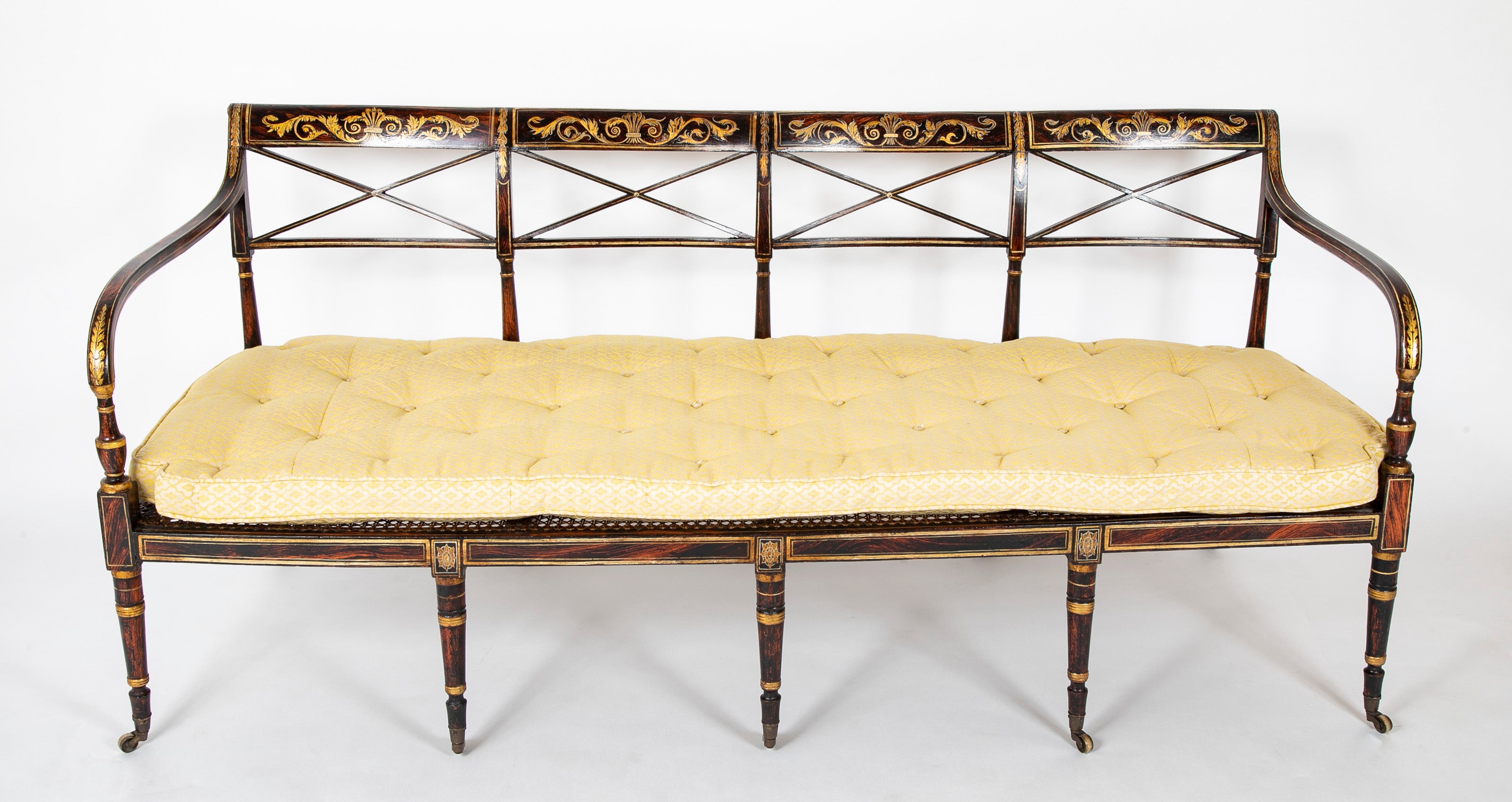 19th Century English Faux Bois Painted Bench with Caned Seat