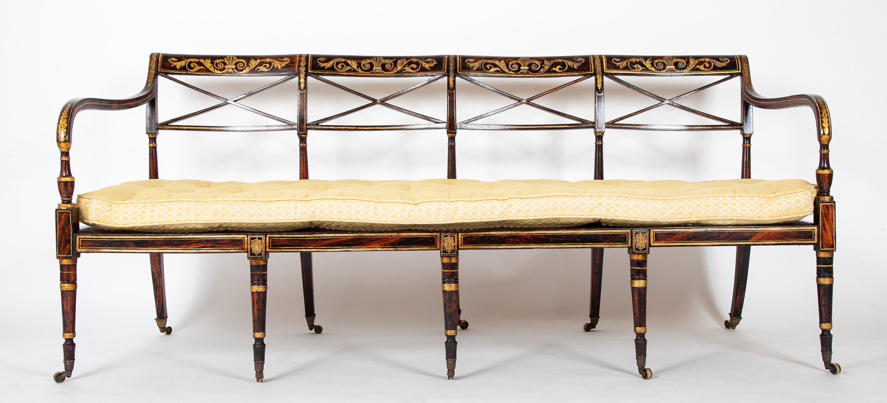 19th Century English Faux Bois Painted Bench with Caned Seat