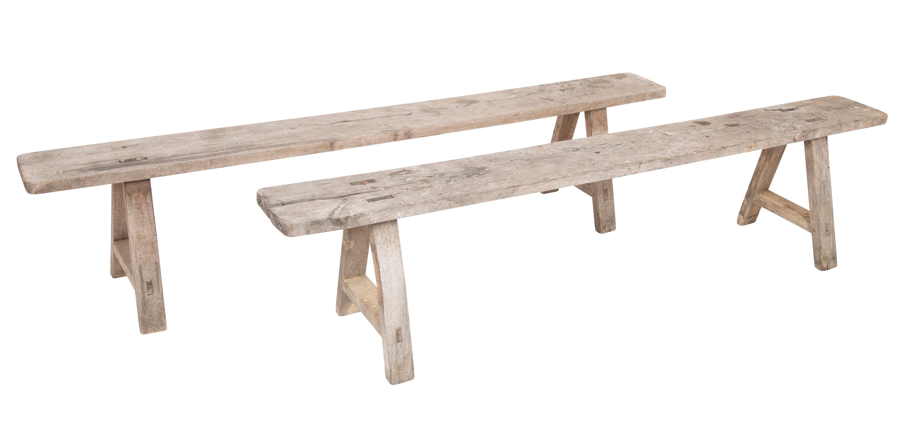 A Pair of French Farmhouse Weathered Oak Backless Benches
