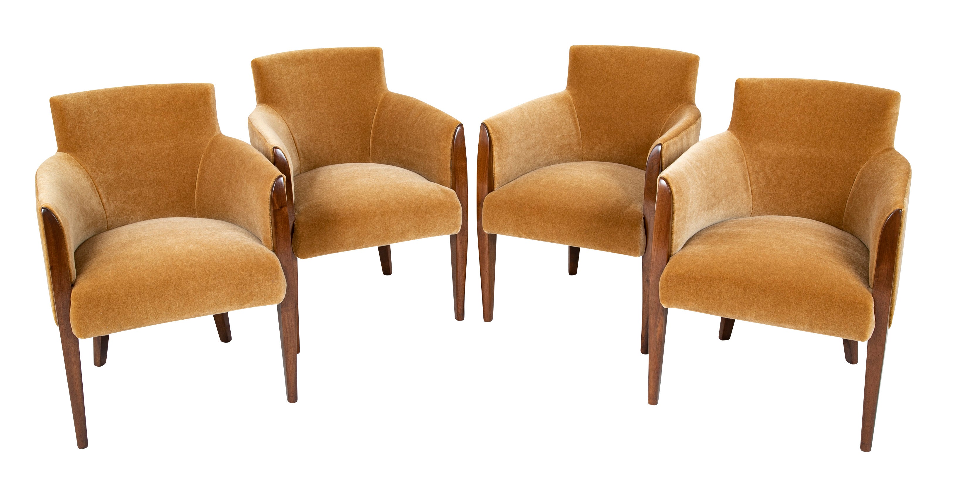 SOLD - 10/24/24. A Set of Four Walnut and Mohair Chairs Designed By Dominique