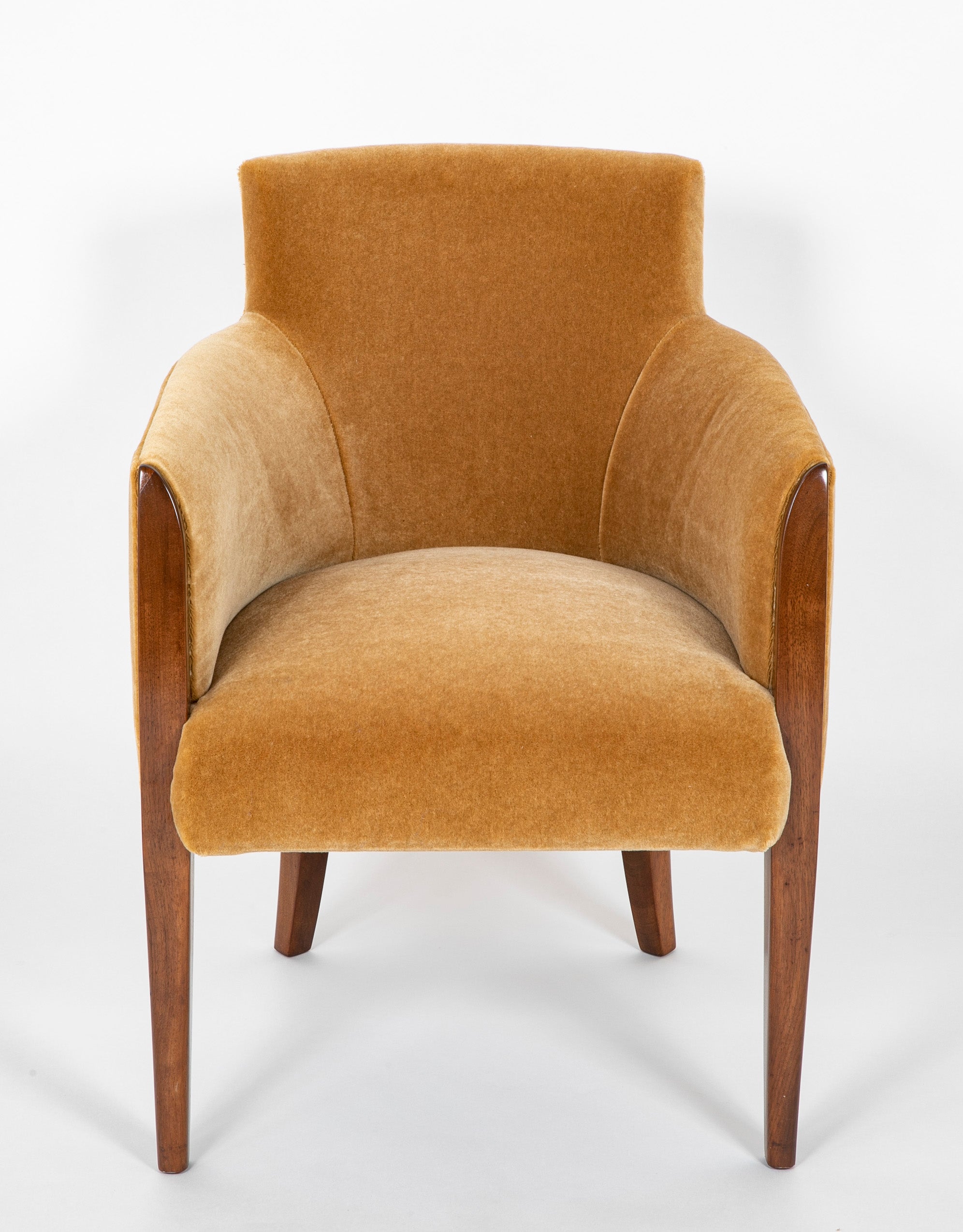 SOLD - 10/24/24. A Set of Four Walnut and Mohair Chairs Designed By Dominique