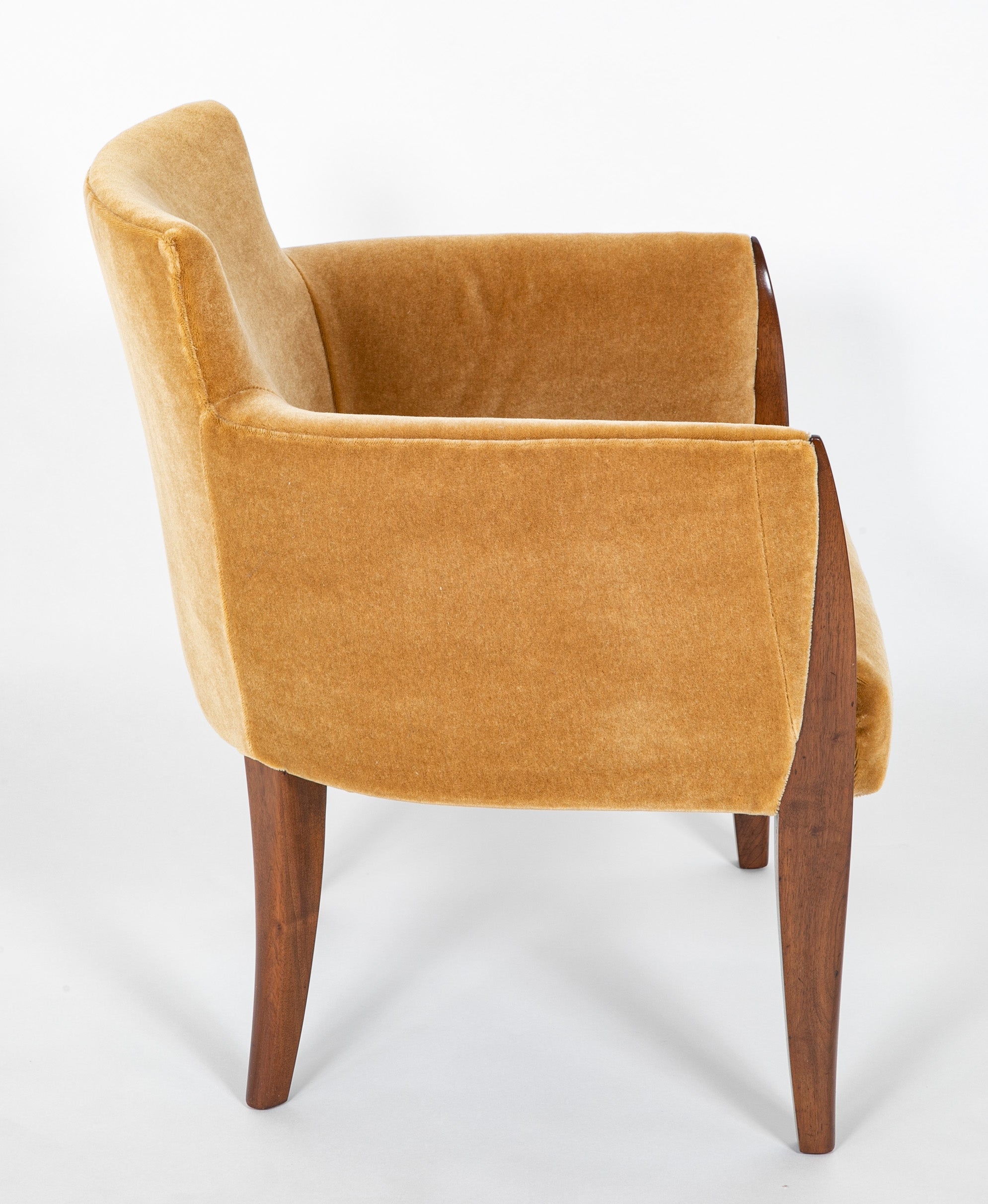 SOLD - 10/24/24. A Set of Four Walnut and Mohair Chairs Designed By Dominique