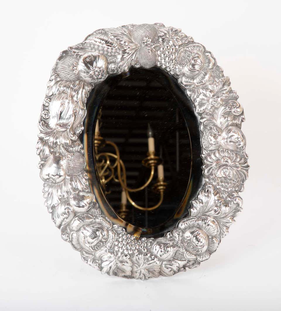 19th Century English Silver Plated Oval Table Mirror
