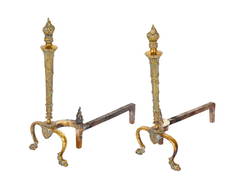 Pair of 20th Century Brass Andirons with Flame