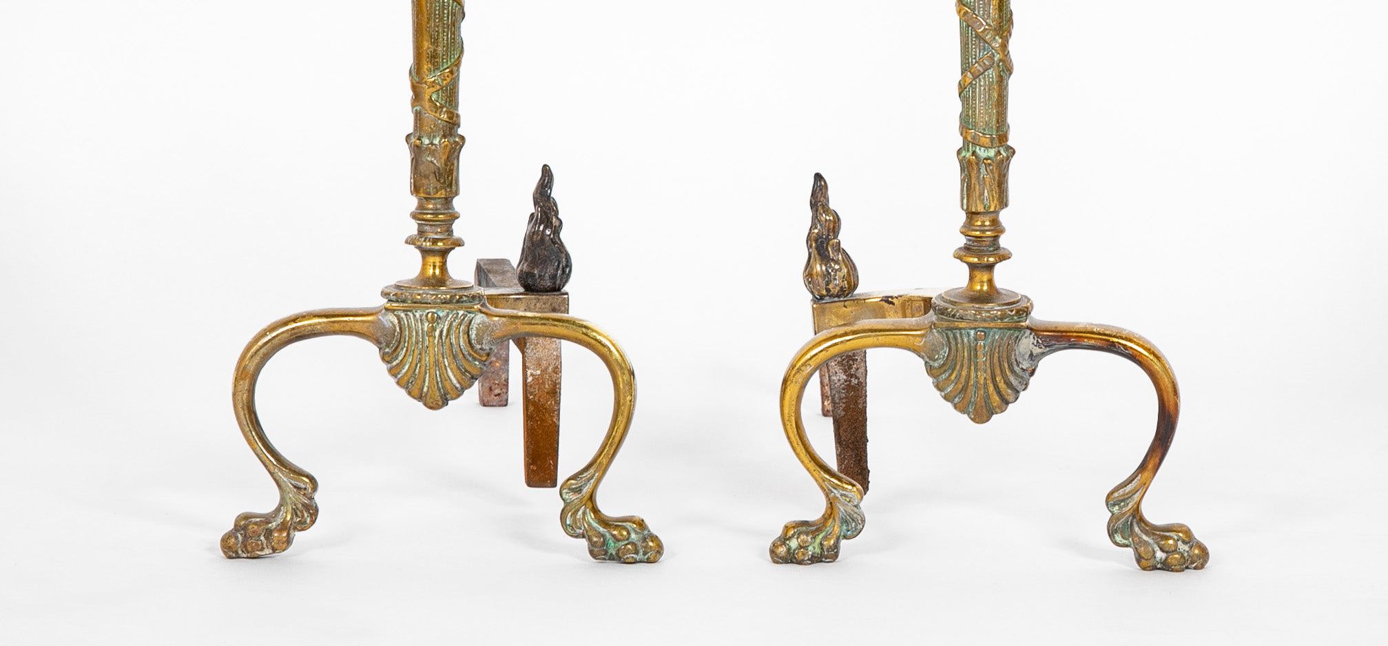 Pair of 20th Century Brass Andirons with Flame