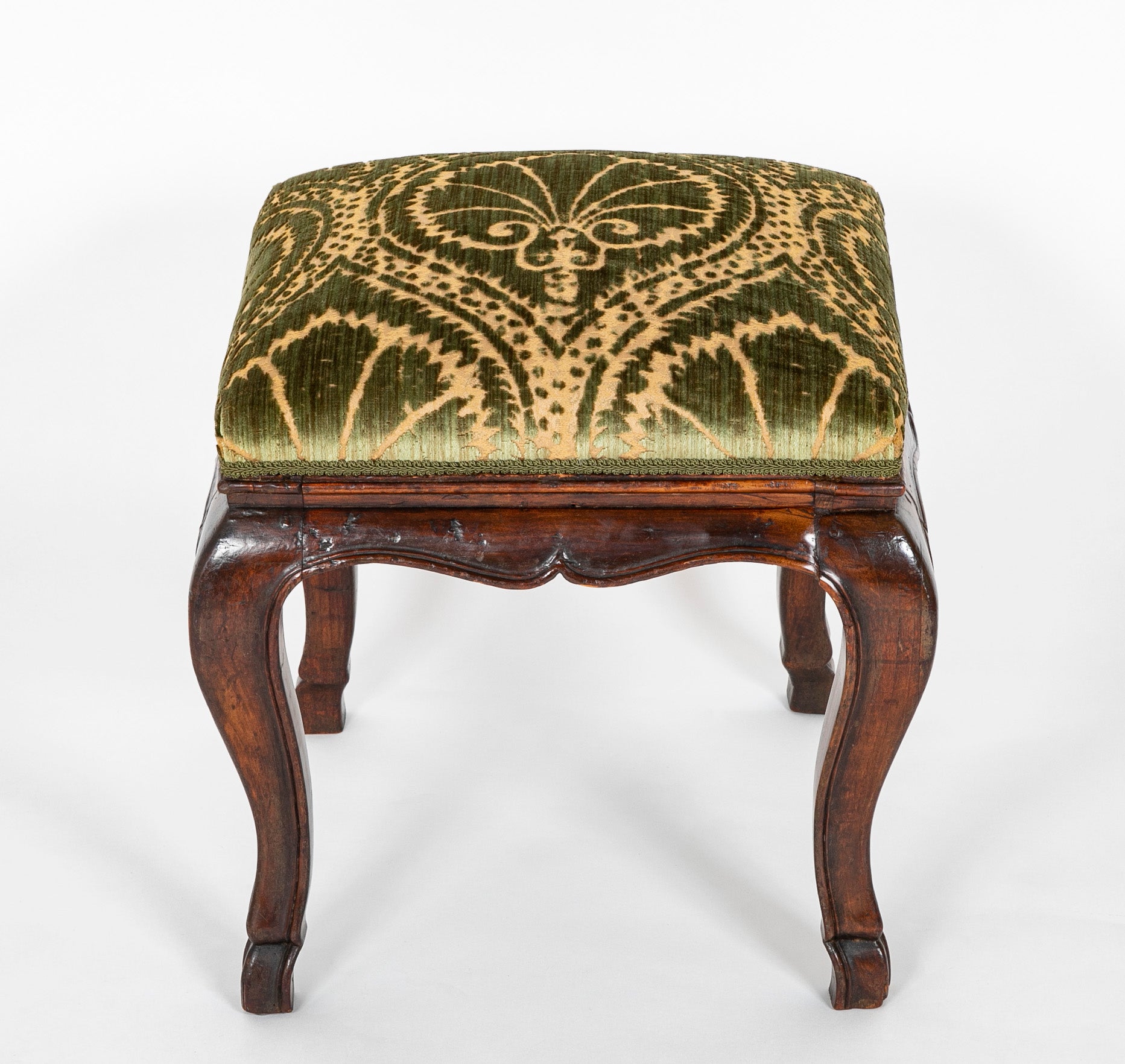 Early 17th Century French Cabriole Leg Walnut & Upholstered Stool