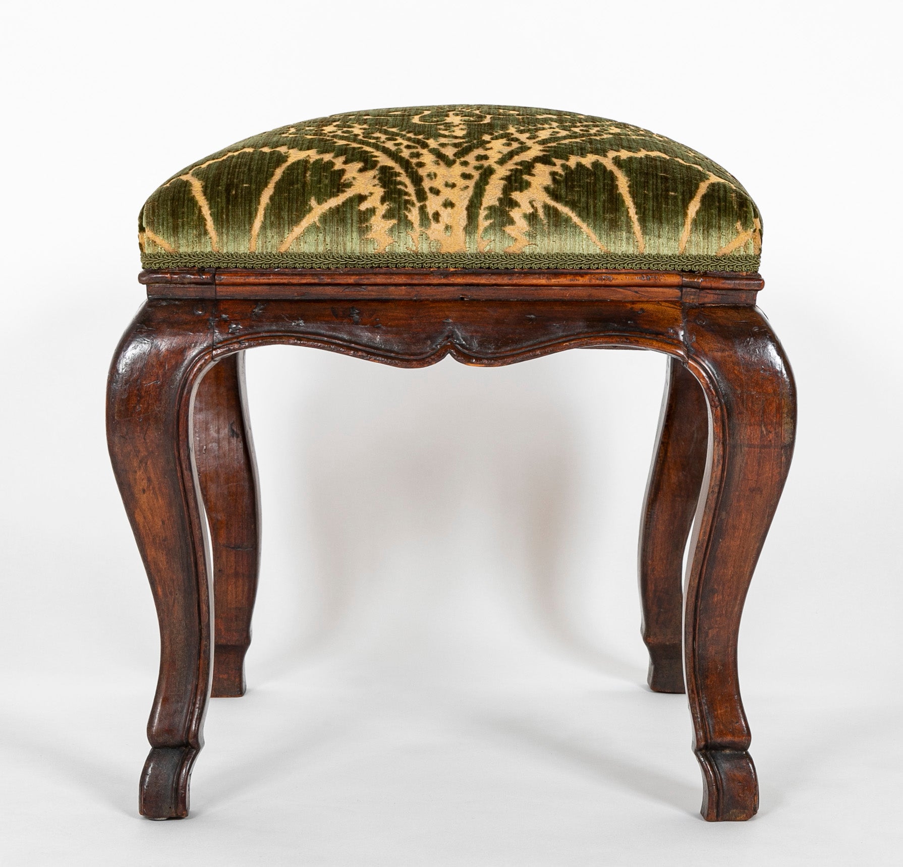 Early 17th Century French Cabriole Leg Walnut & Upholstered Stool