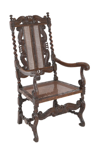 Charles II Carved Armchair with Caned Back Panels and Seat