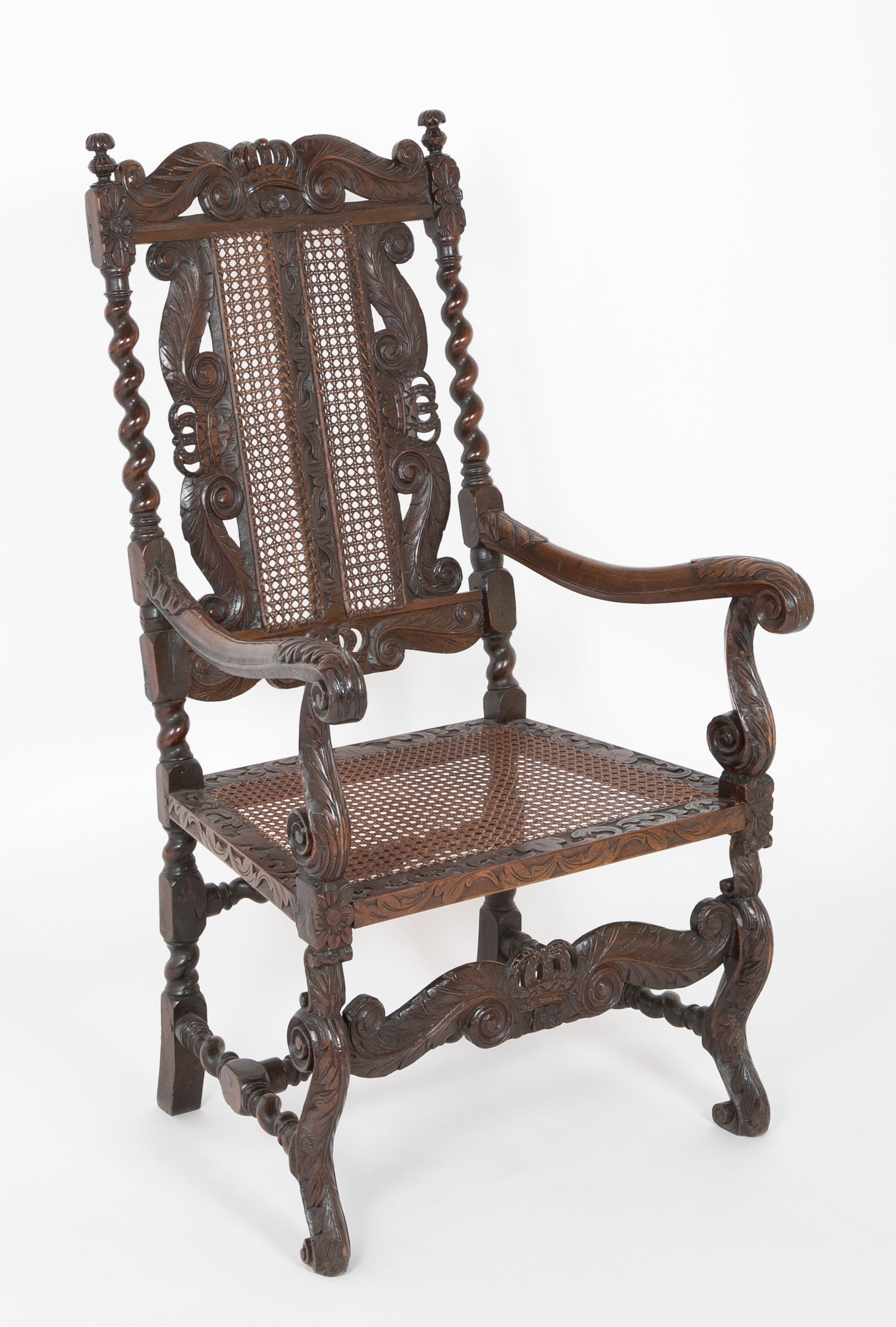 Charles II Carved Armchair with Caned Back Panels and Seat