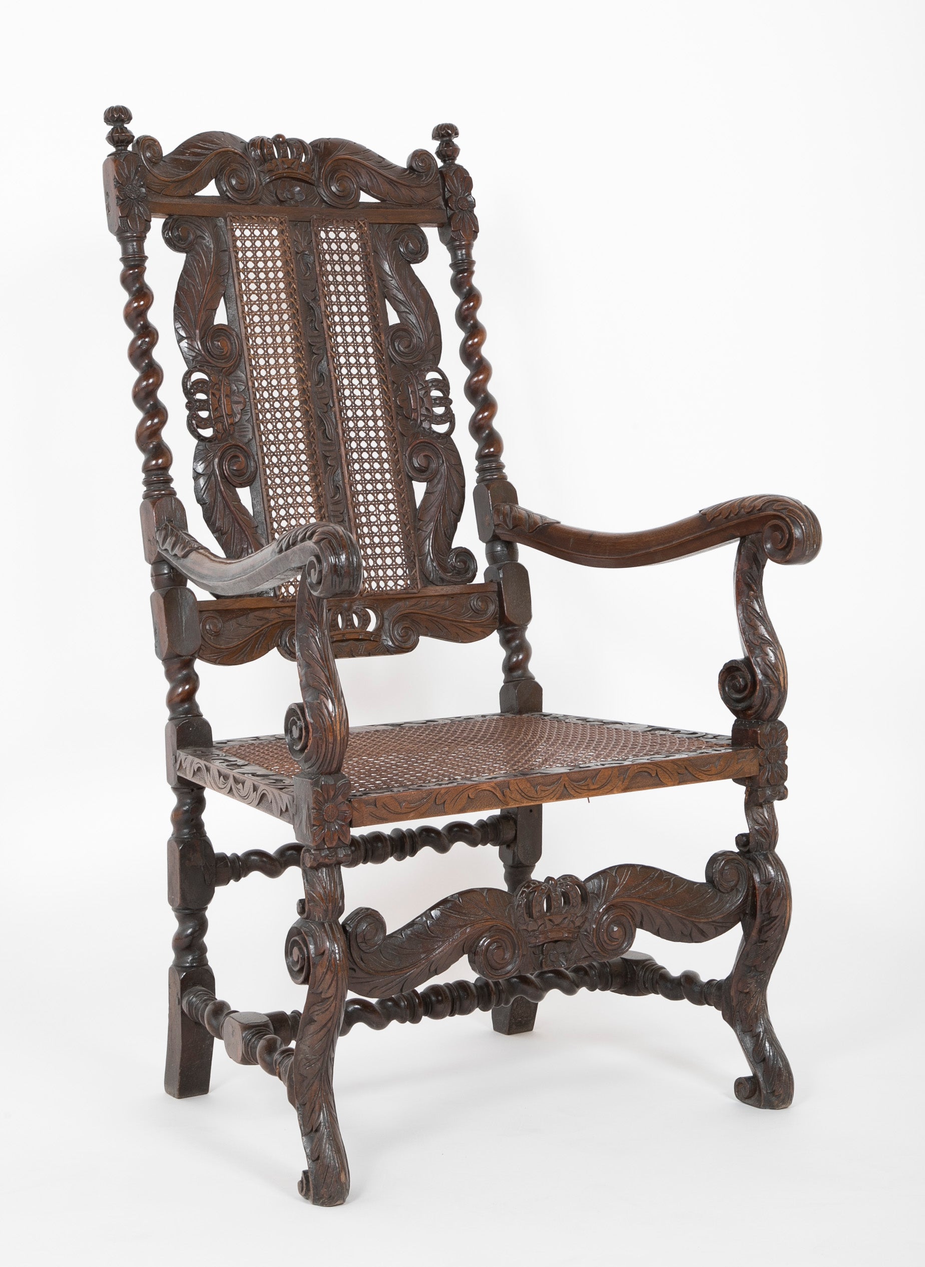 Charles II Carved Armchair with Caned Back Panels and Seat