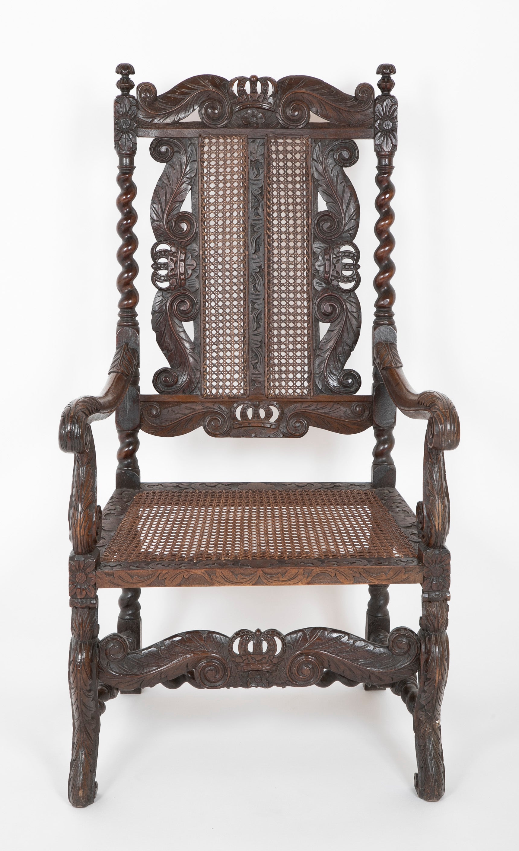 Charles II Carved Armchair with Caned Back Panels and Seat