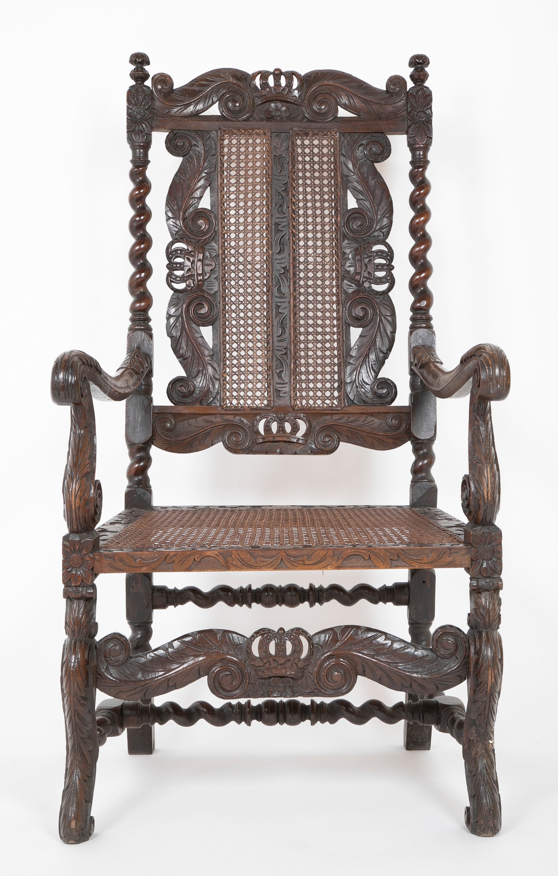 Charles II Carved Armchair with Caned Back Panels and Seat