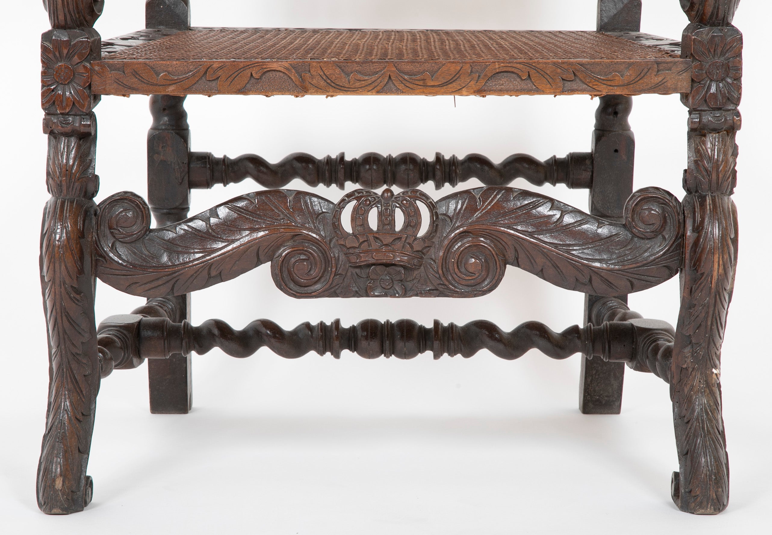 Charles II Carved Armchair with Caned Back Panels and Seat