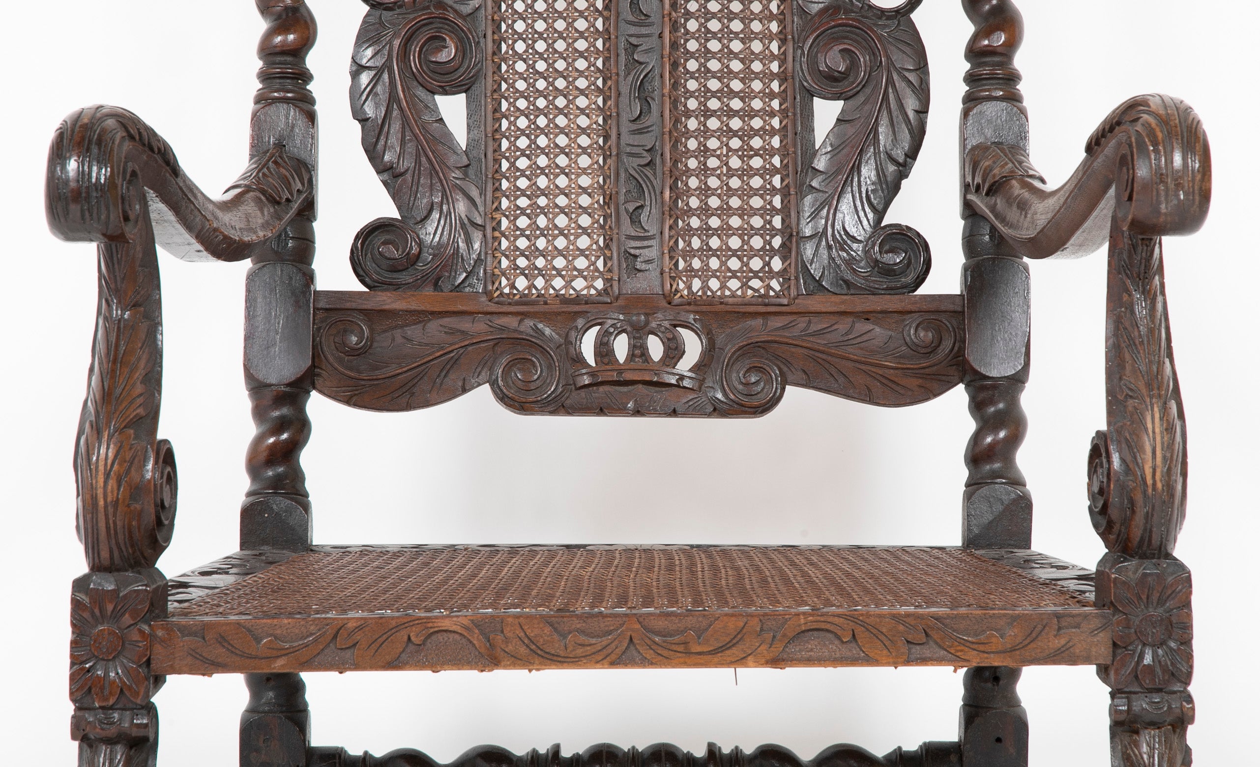 Charles II Carved Armchair with Caned Back Panels and Seat