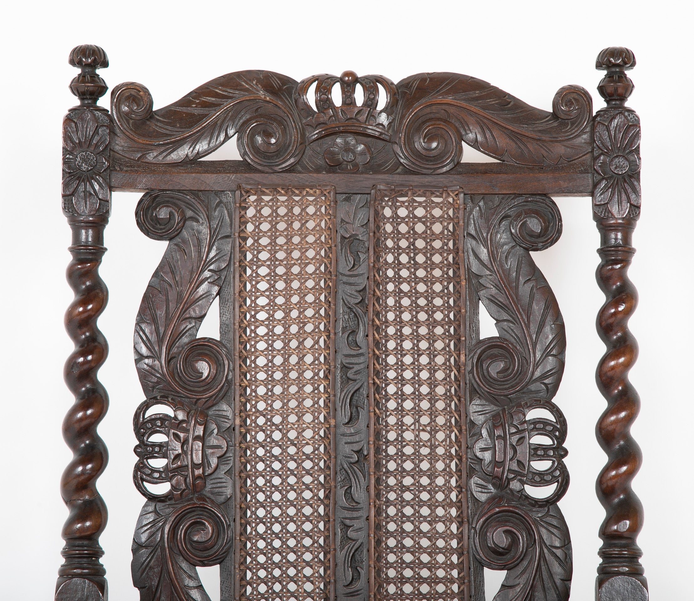 Charles II Carved Armchair with Caned Back Panels and Seat
