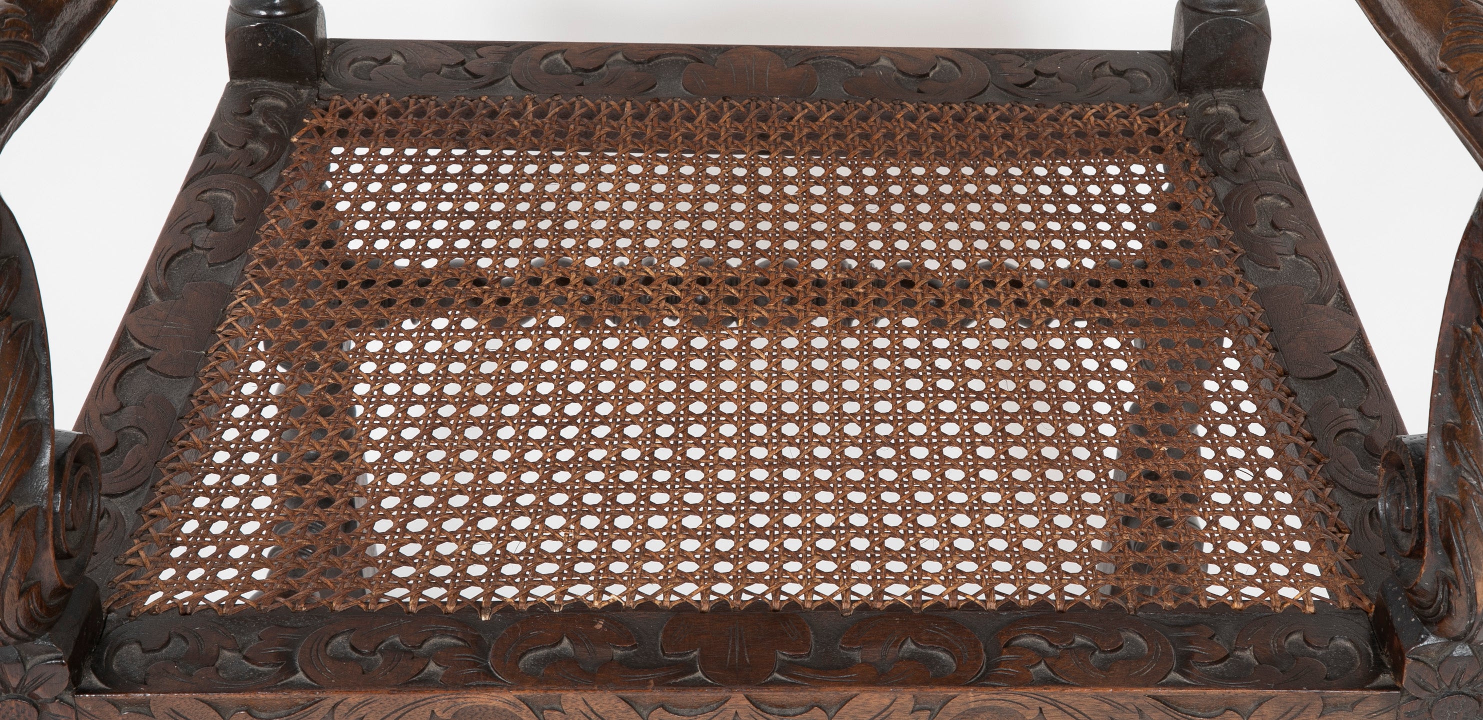 Charles II Carved Armchair with Caned Back Panels and Seat