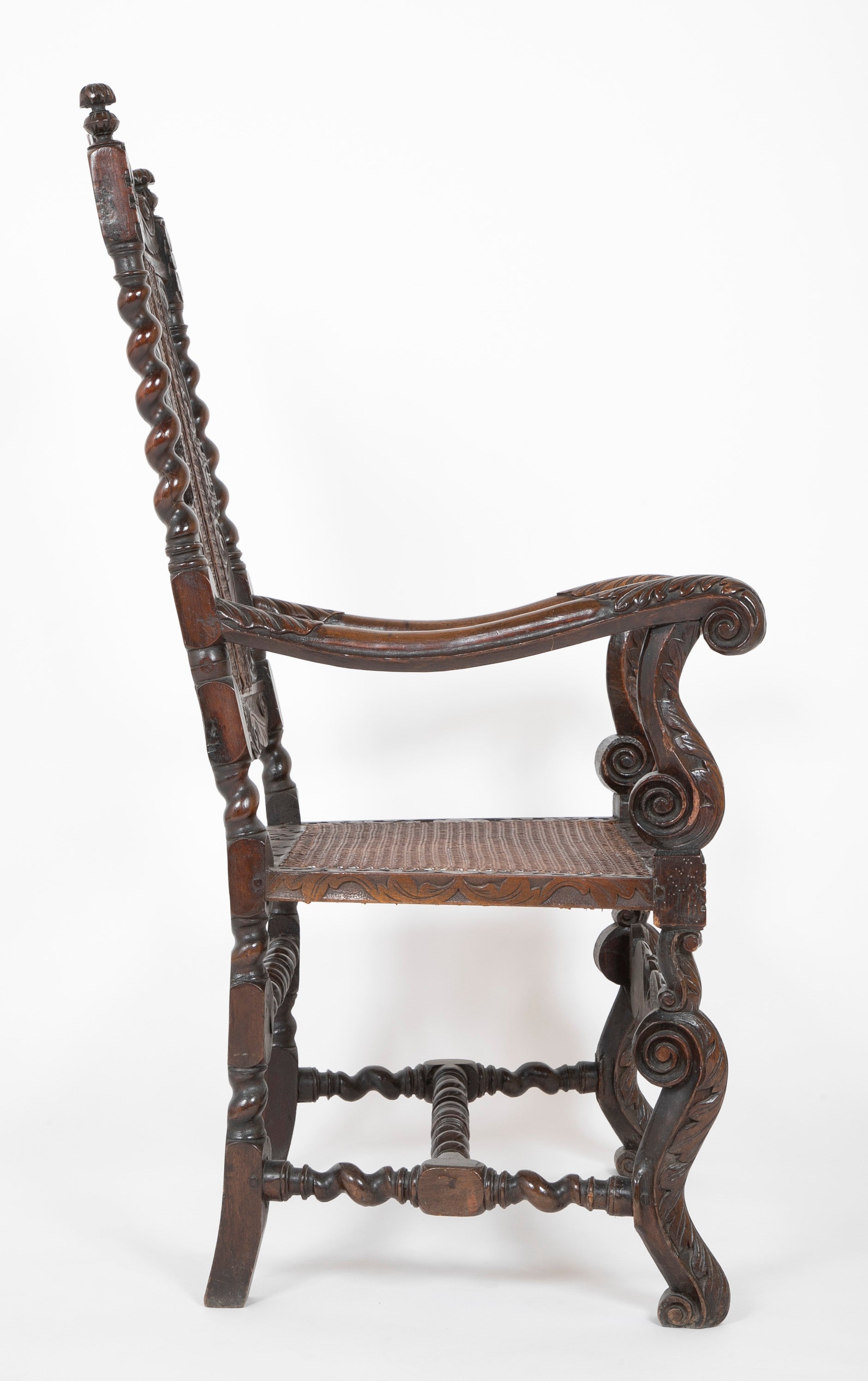 Charles II Carved Armchair with Caned Back Panels and Seat