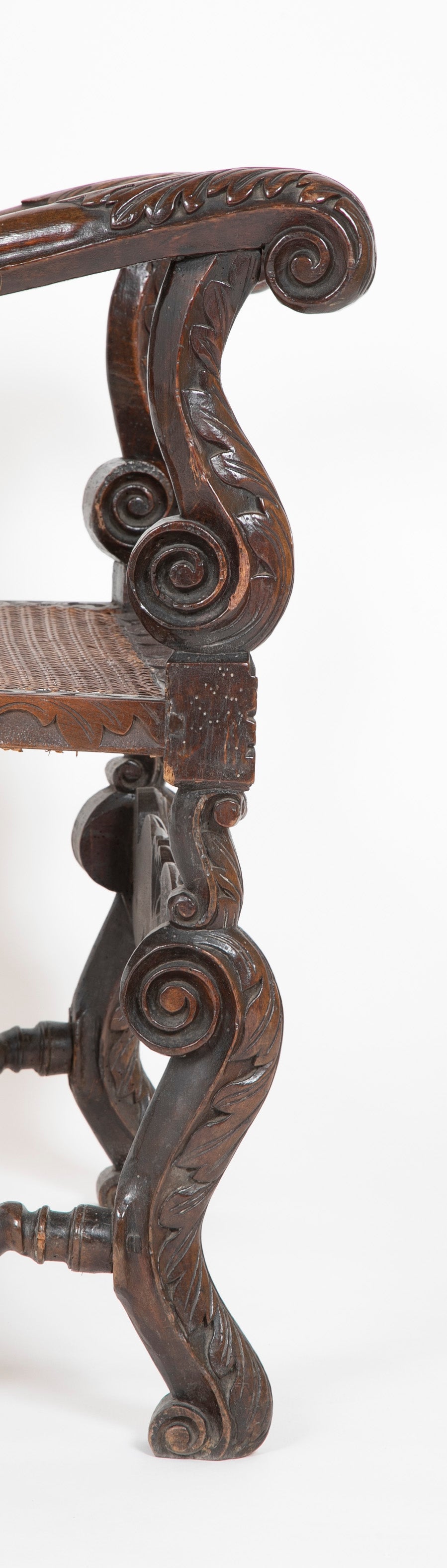 Charles II Carved Armchair with Caned Back Panels and Seat