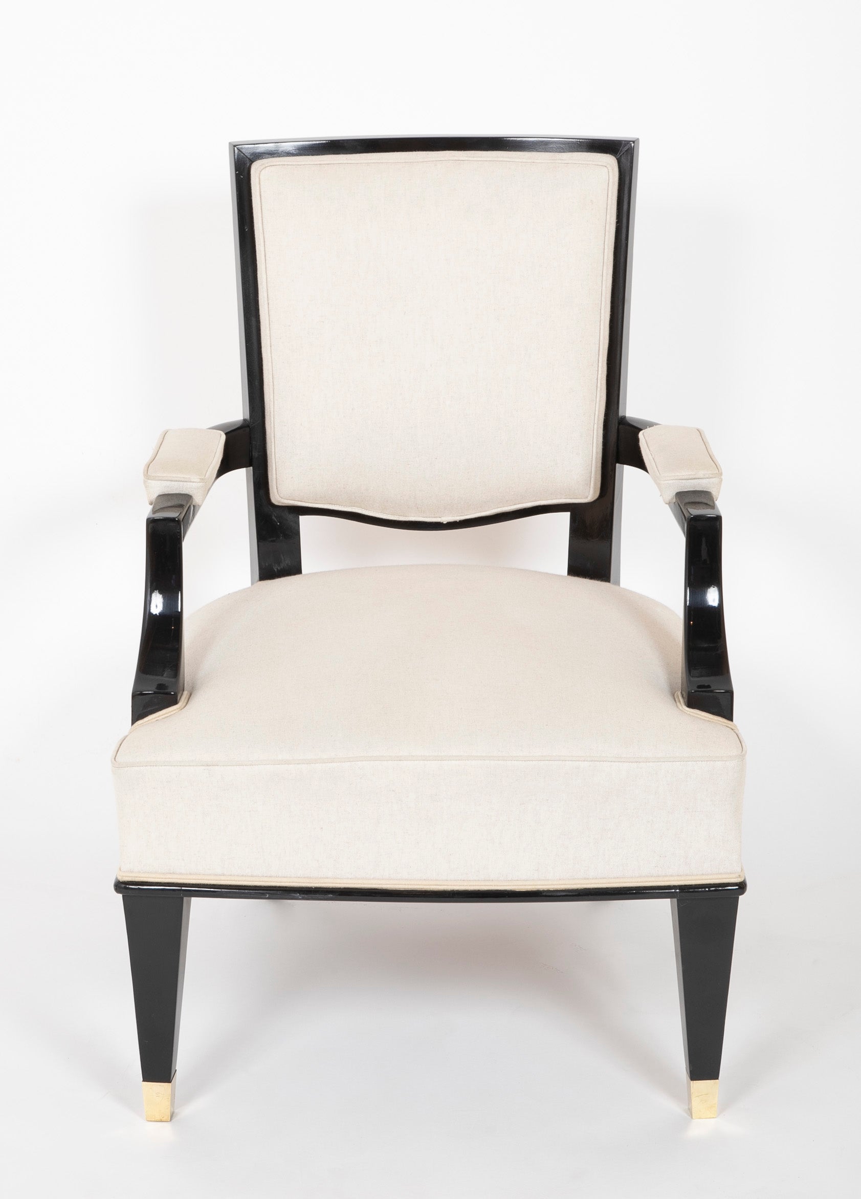 Pair of Black Lacquer Wood Frame Arm Chairs, by Jacques Adnet