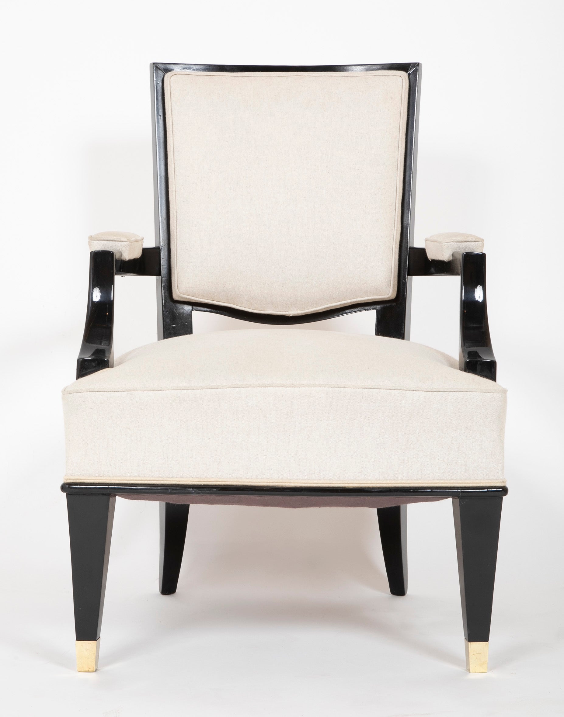 Pair of Black Lacquer Wood Frame Arm Chairs, by Jacques Adnet
