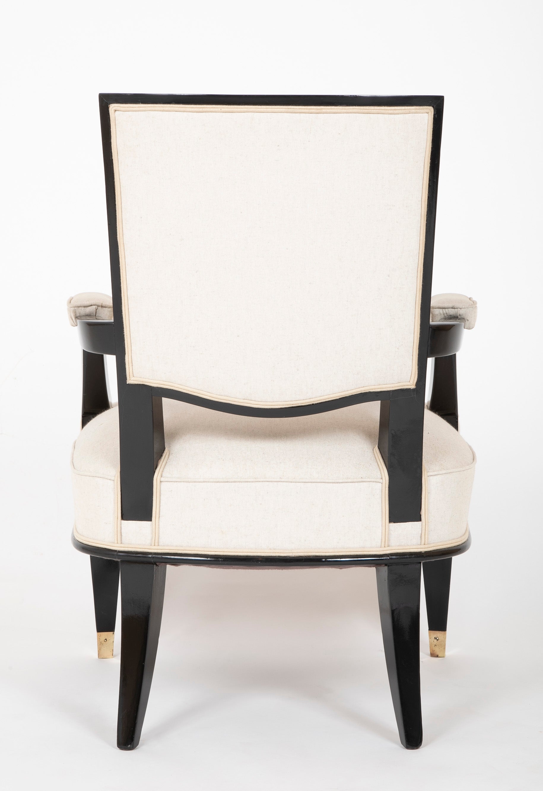 Pair of Black Lacquer Wood Frame Arm Chairs, by Jacques Adnet