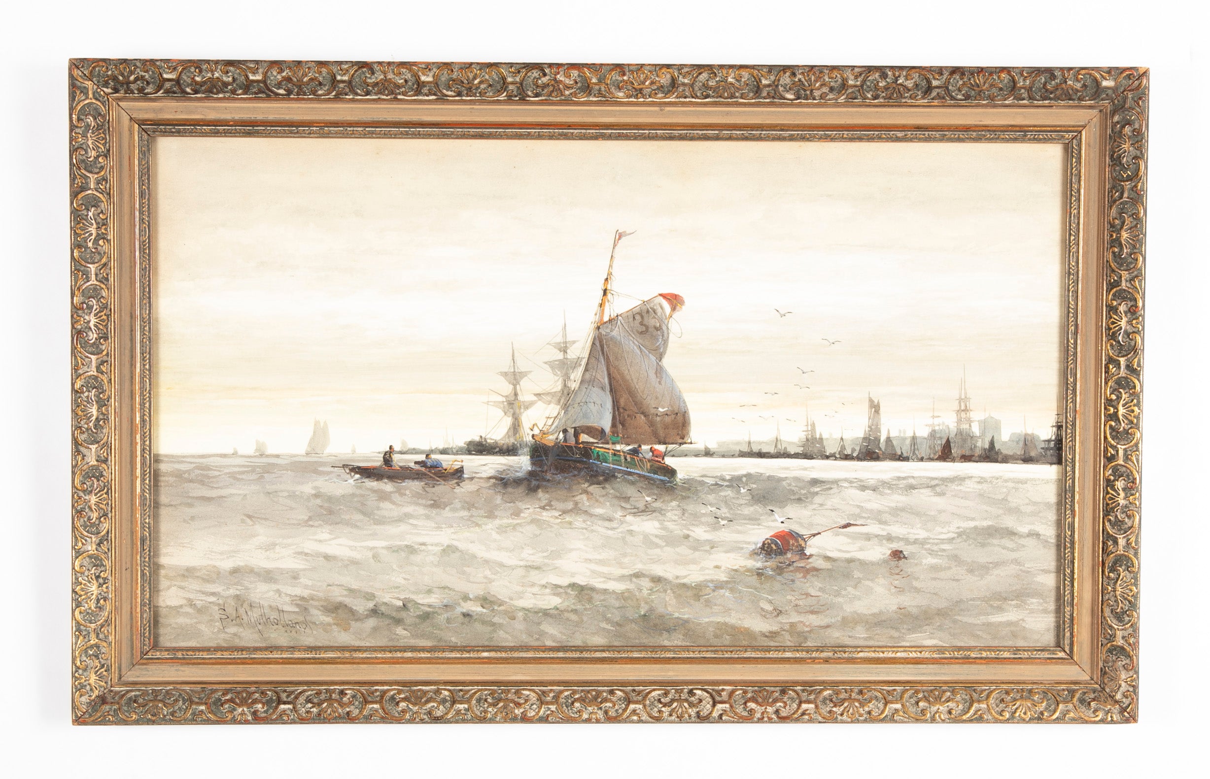 Watercolor and Gouache Painting of English Harbor by Samuel A. Mulholland