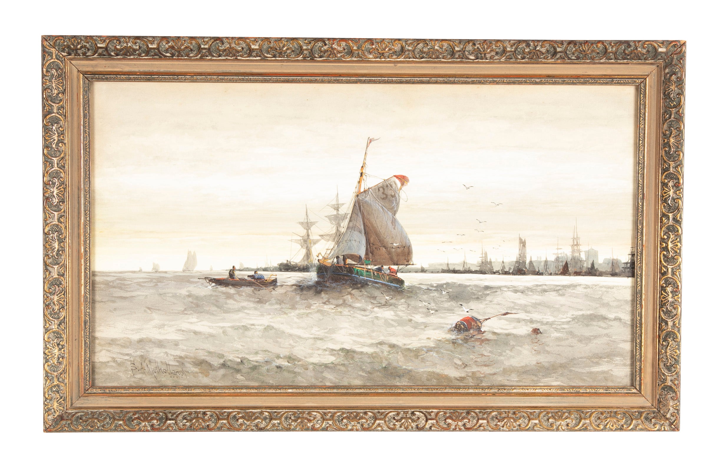 Watercolor and Gouache Painting of English Harbor by Samuel A. Mulholland