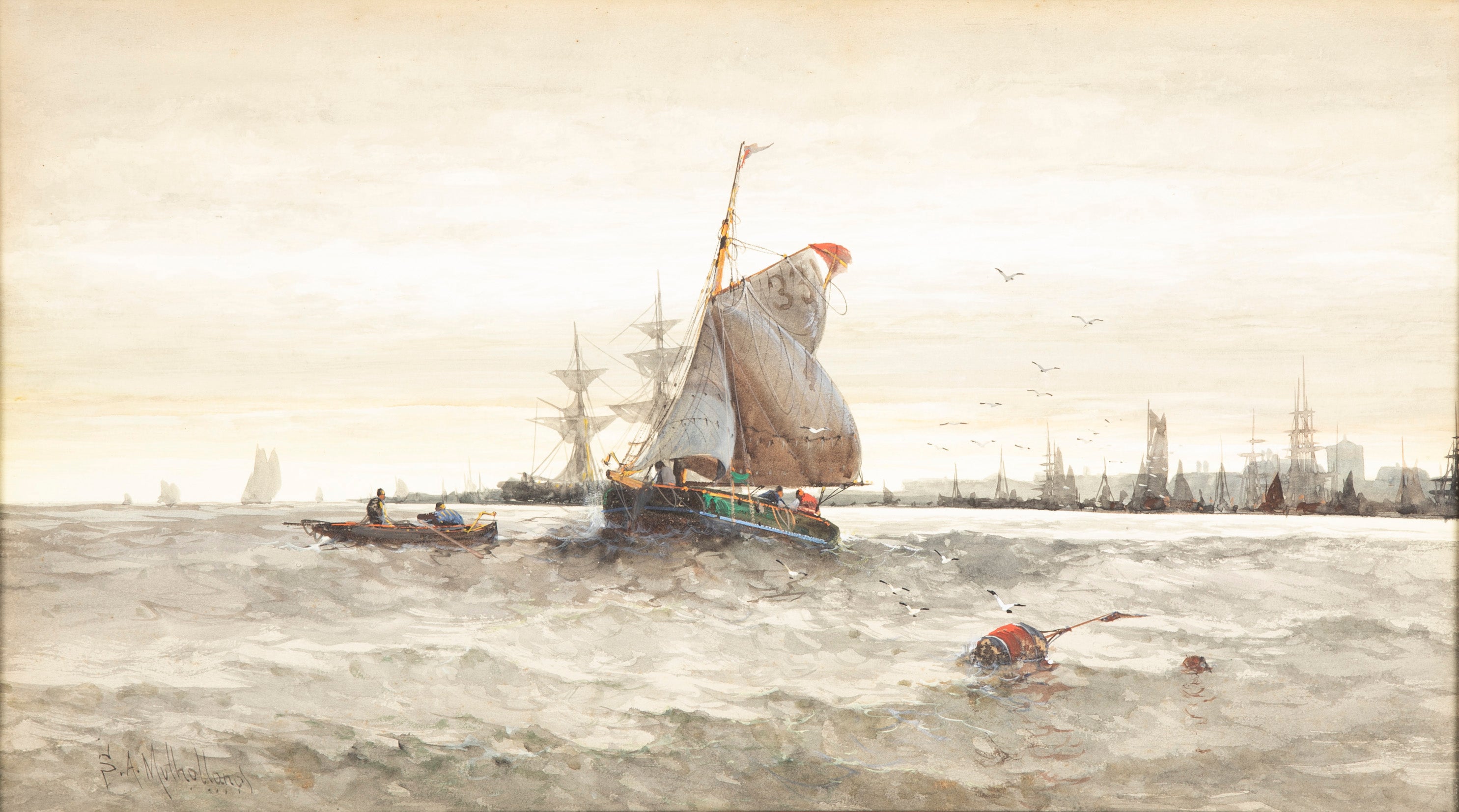 Watercolor and Gouache Painting of English Harbor by Samuel A. Mulholland