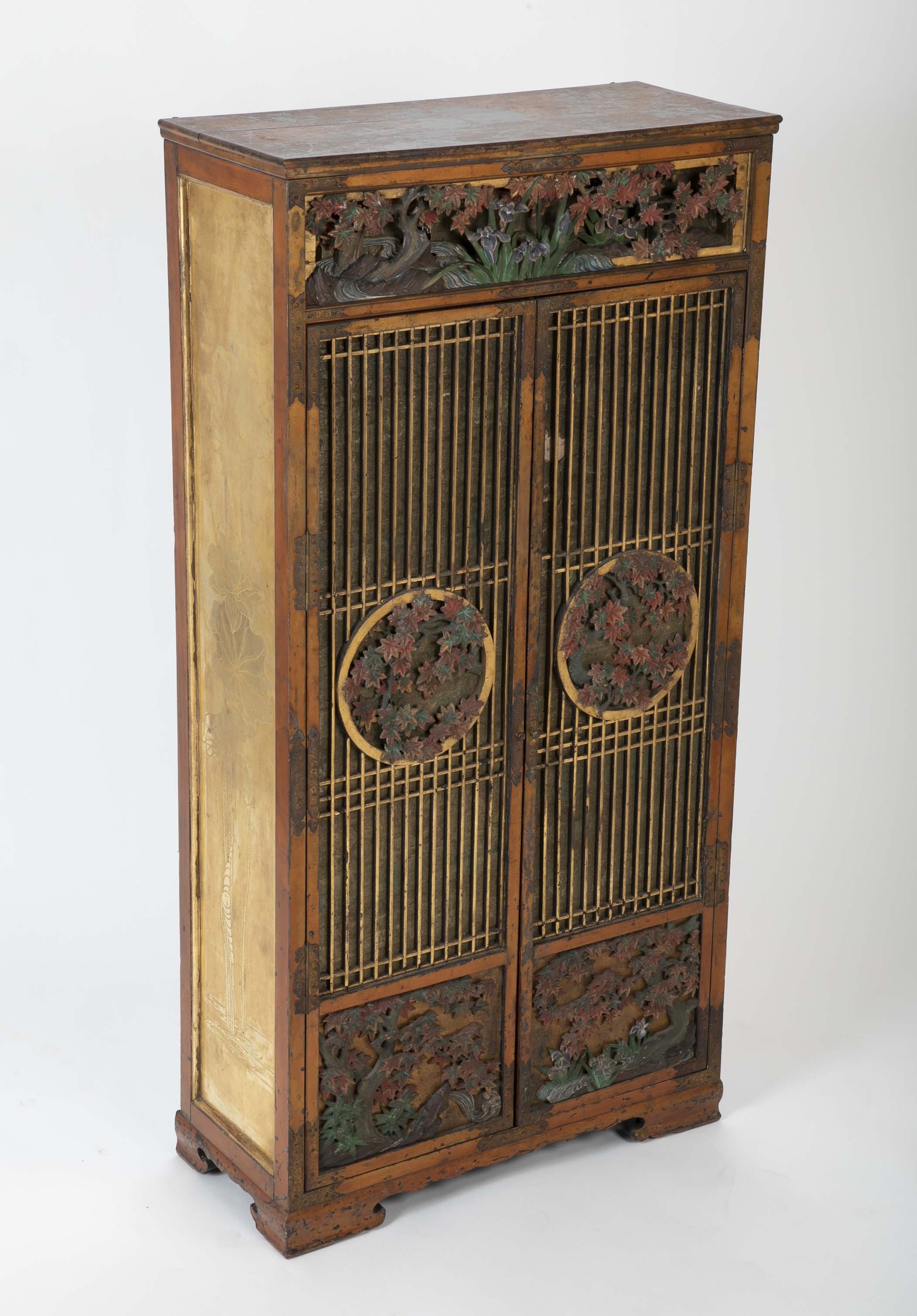 Gold Leaf Japanese Cabinet with Carved & Painted Panels of Flowers