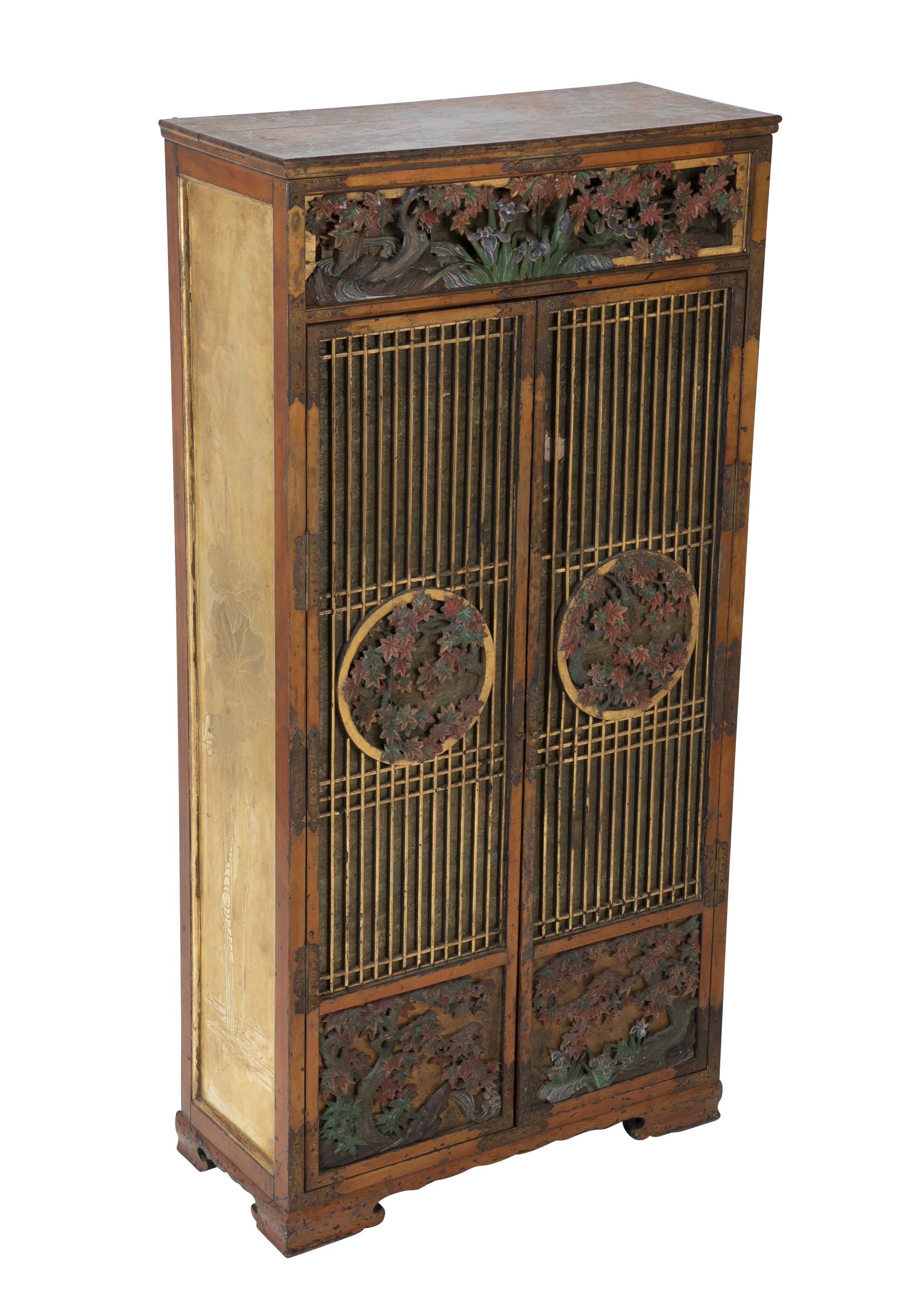 Gold Leaf Japanese Cabinet with Carved & Painted Panels of Flowers