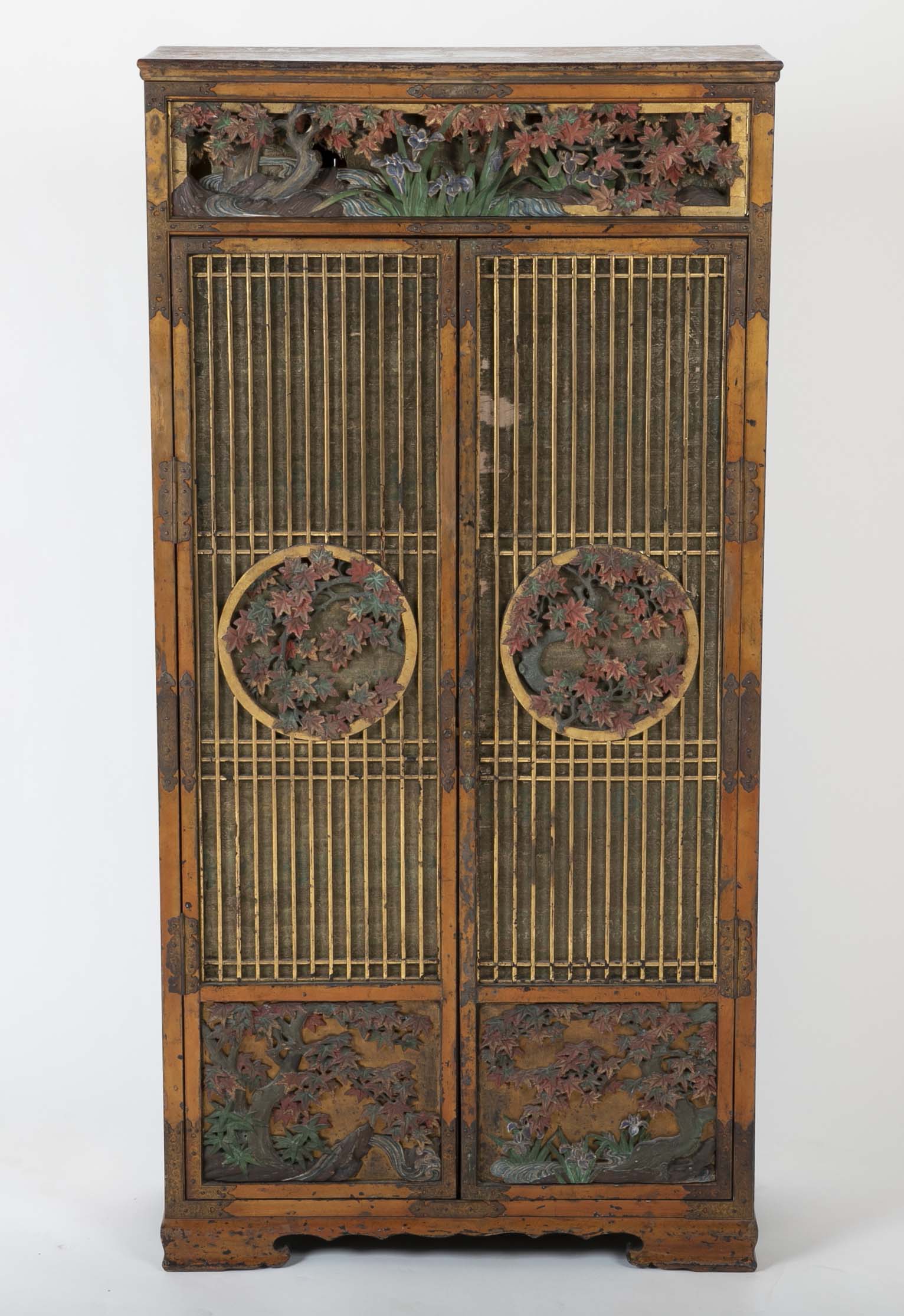 Gold Leaf Japanese Cabinet with Carved & Painted Panels of Flowers