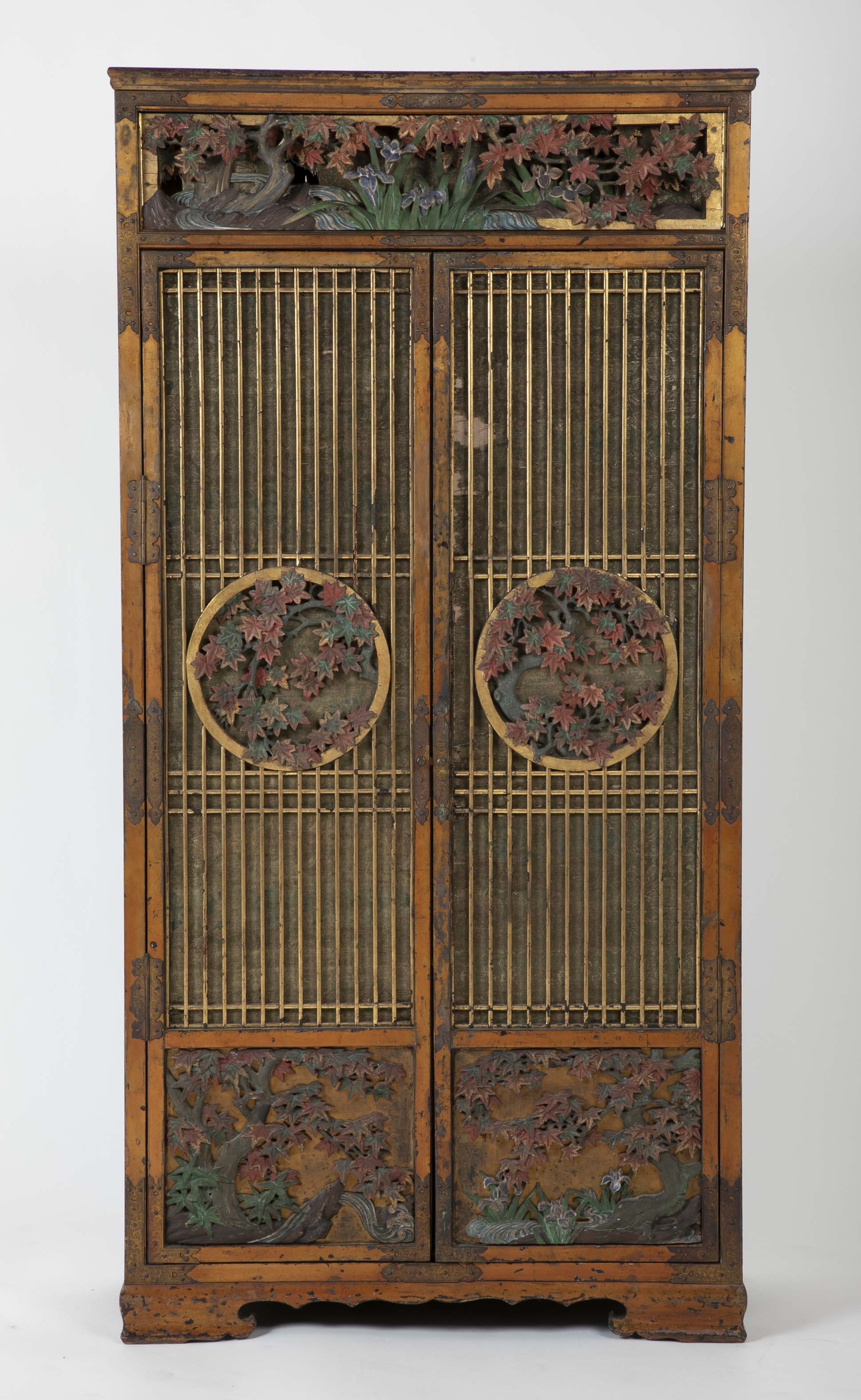 Gold Leaf Japanese Cabinet with Carved & Painted Panels of Flowers