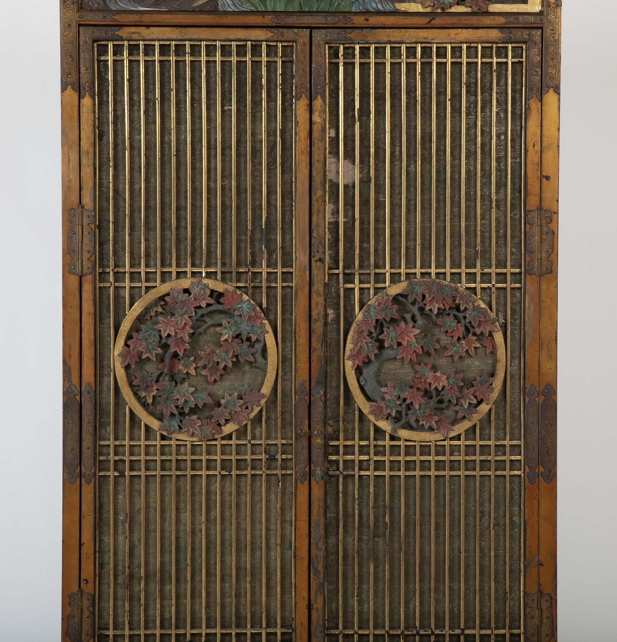 Gold Leaf Japanese Cabinet with Carved & Painted Panels of Flowers