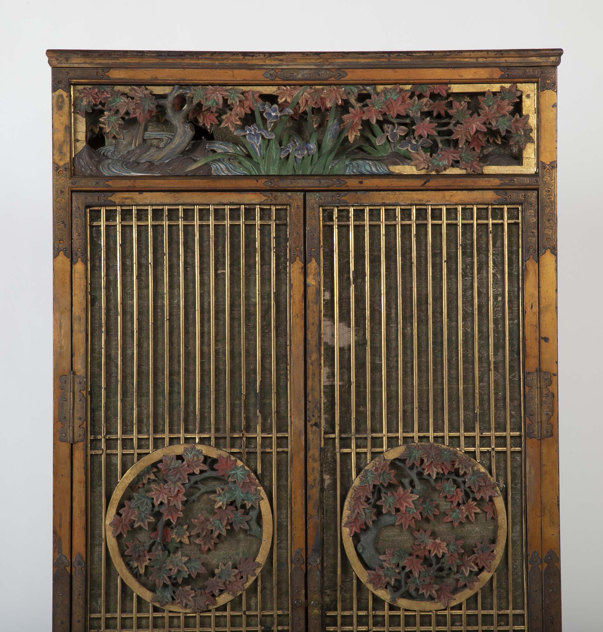 Gold Leaf Japanese Cabinet with Carved & Painted Panels of Flowers