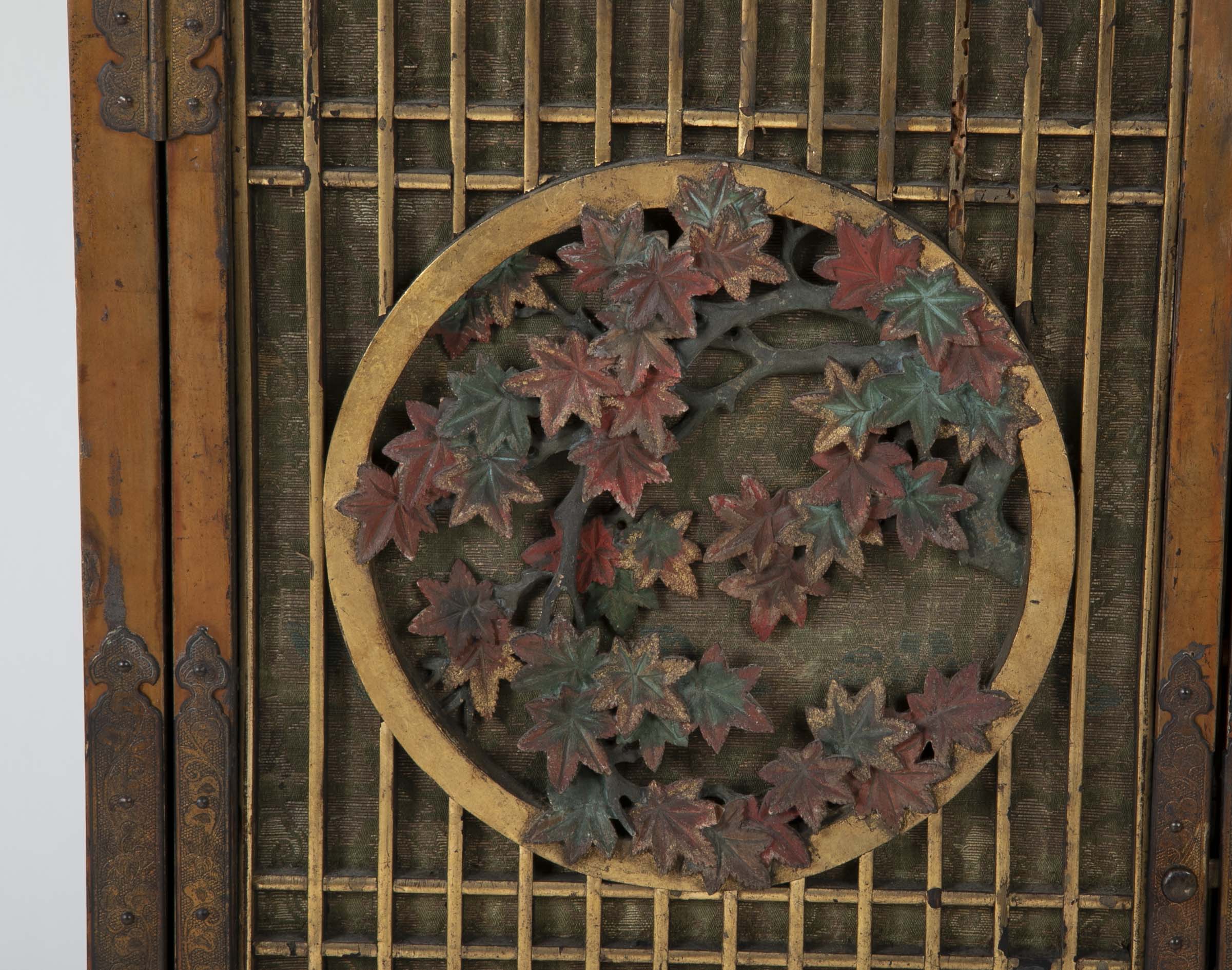 Gold Leaf Japanese Cabinet with Carved & Painted Panels of Flowers