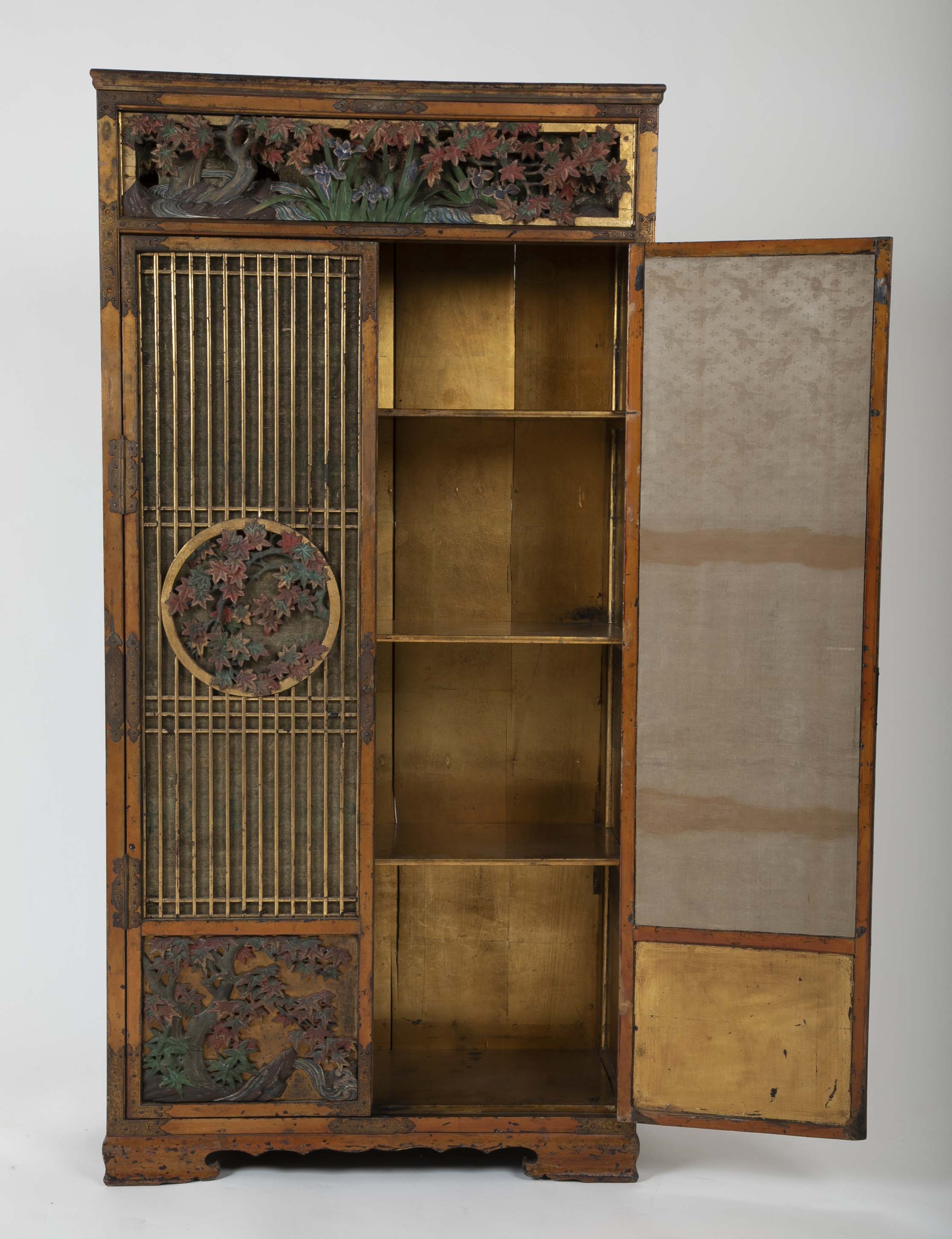 Gold Leaf Japanese Cabinet with Carved & Painted Panels of Flowers