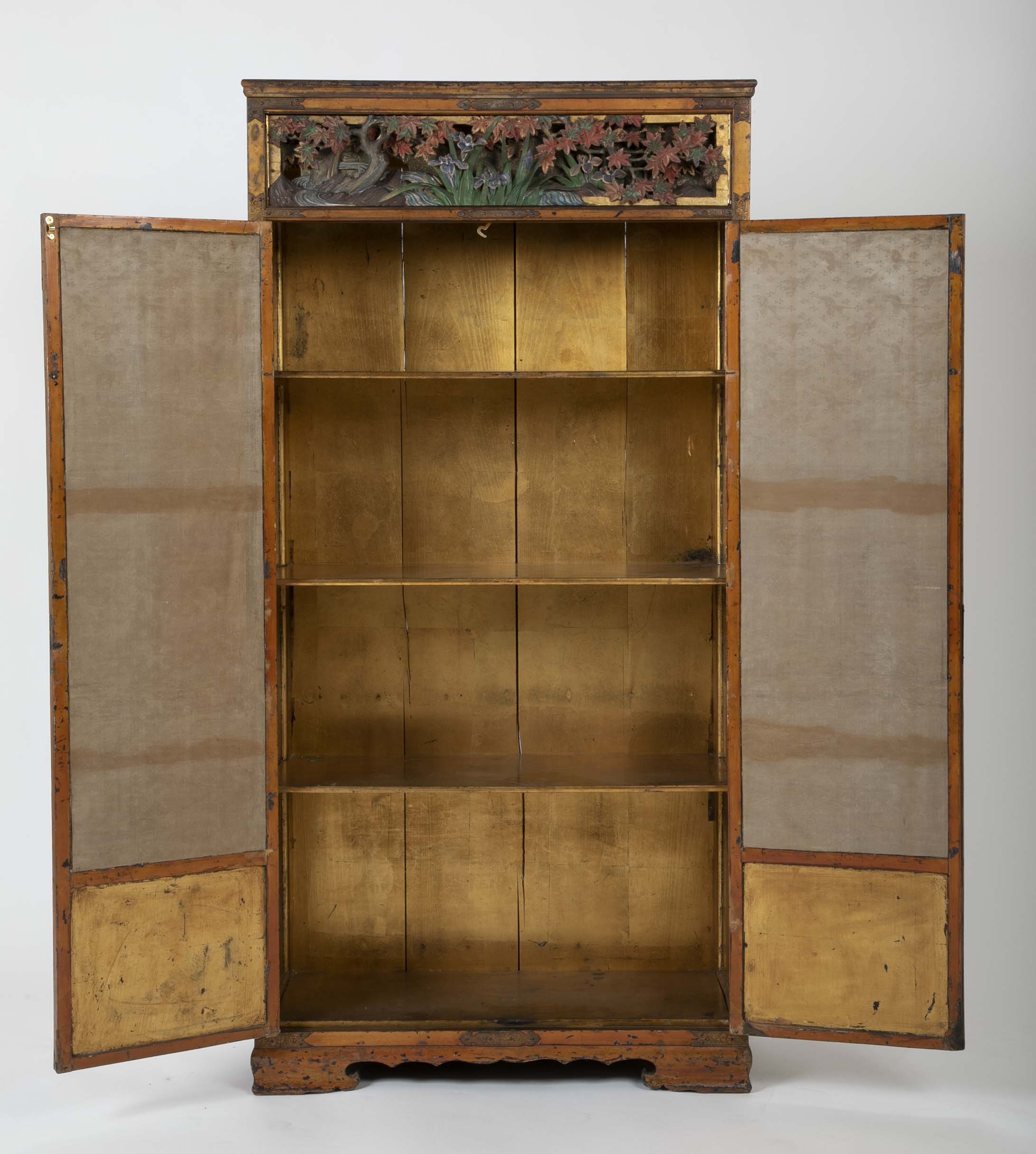 Gold Leaf Japanese Cabinet with Carved & Painted Panels of Flowers