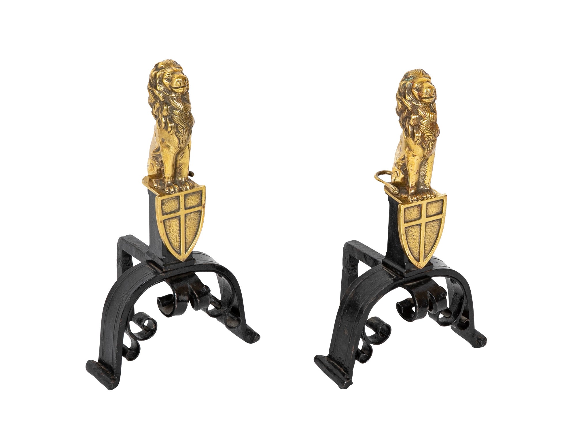 A Pair of 19th Century English Gilt Brass & Iron Andirons