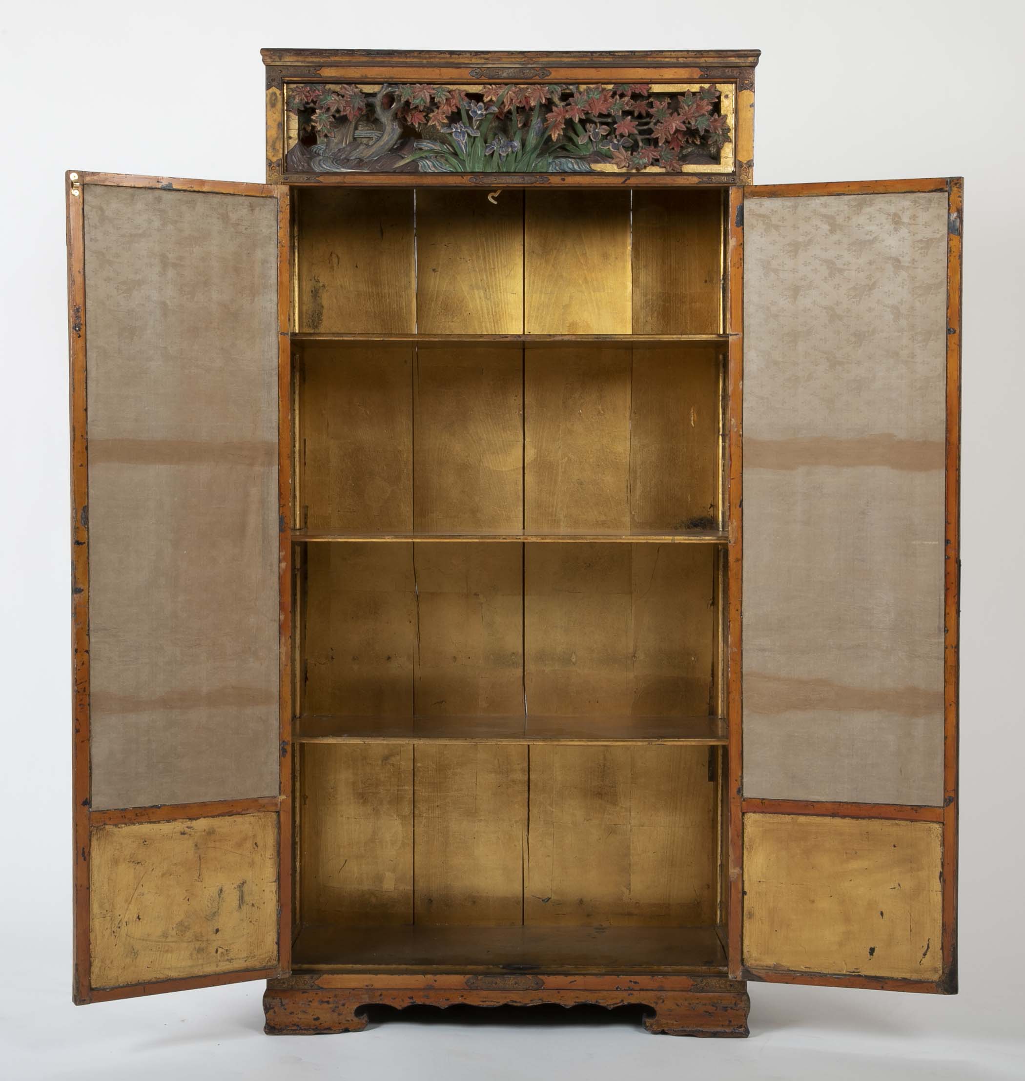Gold Leaf Japanese Cabinet with Carved & Painted Panels of Flowers